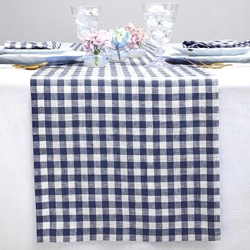 Solino Home 100% Pure Linen Table Runner Navy, Gingham Check 14 x 90 in | Table Runners for 6-8 seater dining tables, hallway tables and consoles; checkered weave, mitered corners; OEKO-TEX Certified