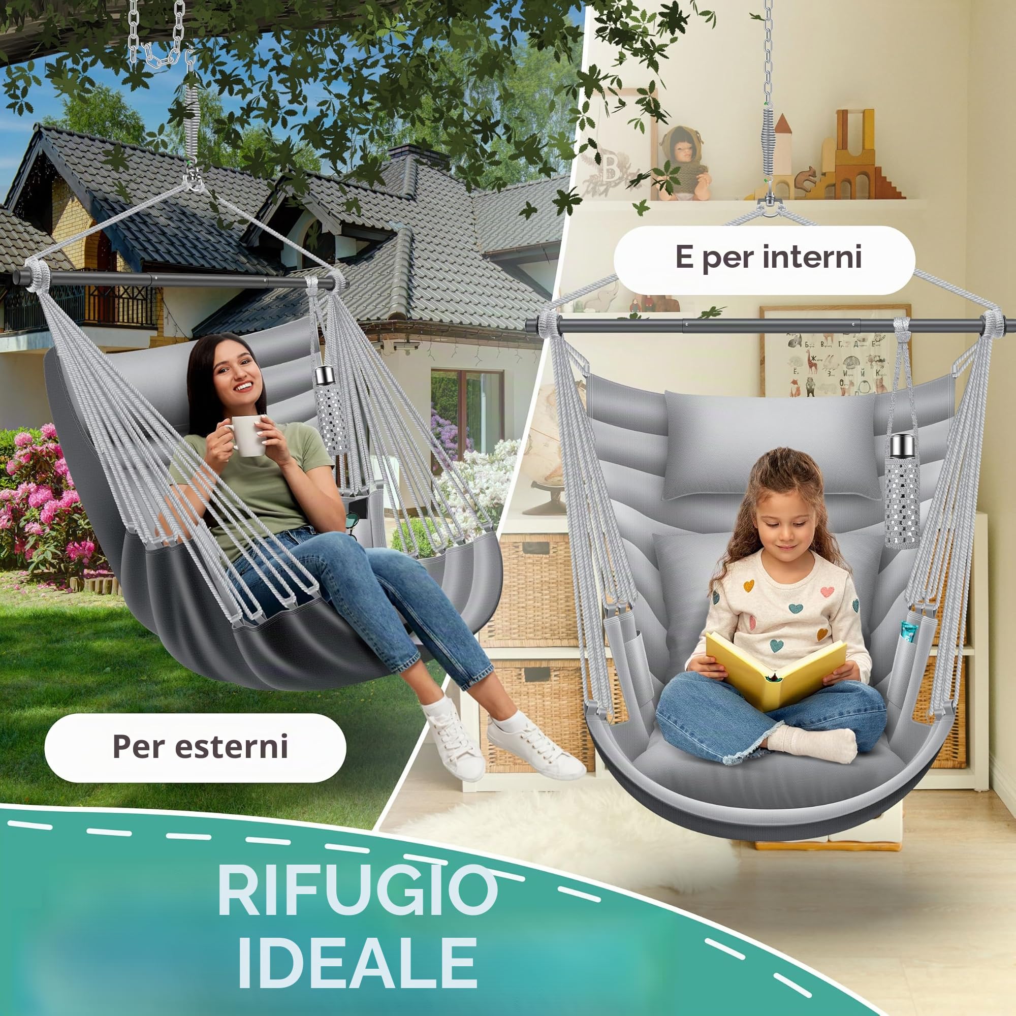 KESSER® Poltrona sospesa Haiti, portata 150 kg, girevole a 360°, altalena sospesa per interni ed esterni, resistente ai raggi UV e all'acqua, facile da pulire, include 2 cuscini, borsa per il