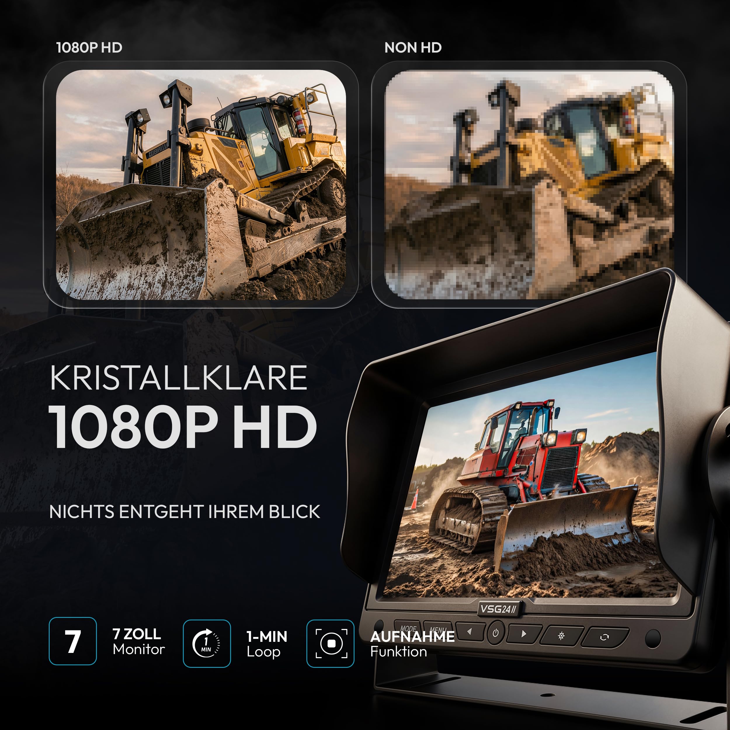 VSG24 Rückfahrkamera Set IP69K EXPERT – HD 1080P, Personenerkennung, Monitor mit Split-Screen & Loop-Aufnahme, 4 Kameras anschließbar, Rückspiegelfunktion, Nachtsicht, Rückfahrkamera