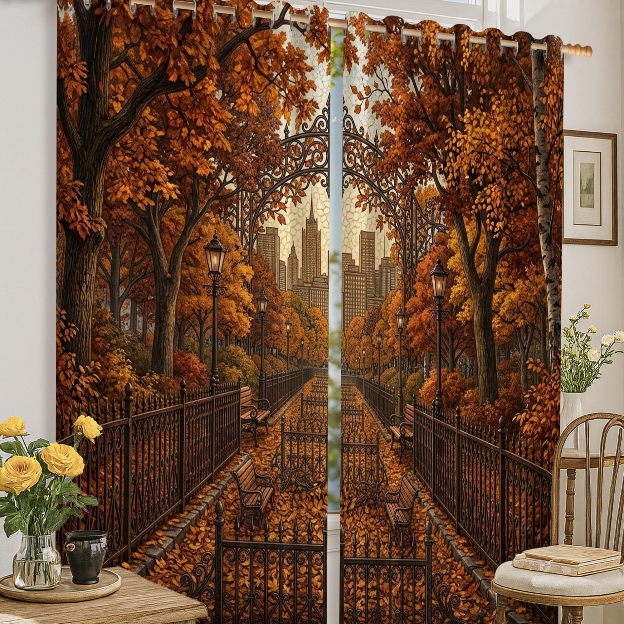 Rideaux occultants motif feuilles naturelles allée orange pour déco de bureau zen 132x160