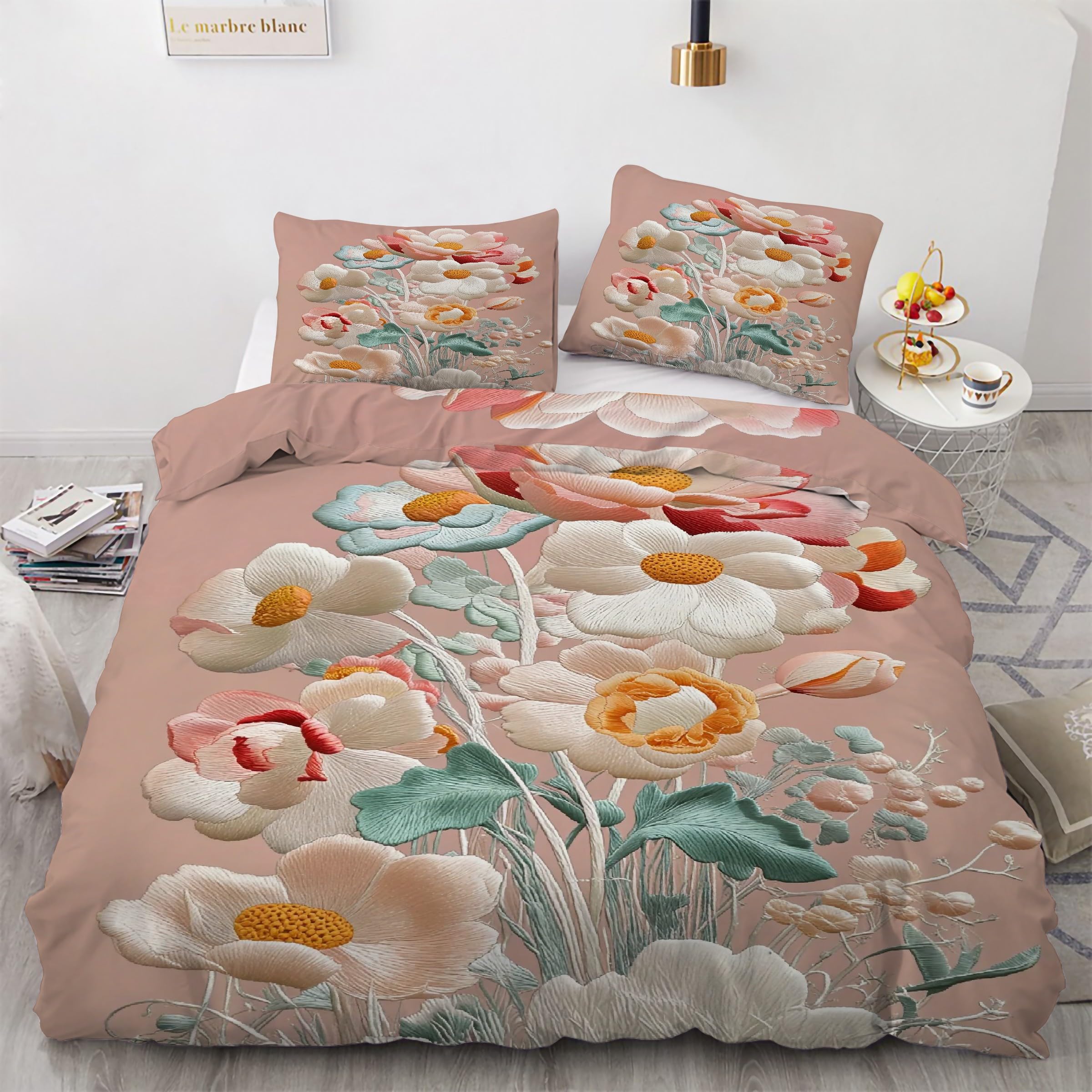 Housse de couette 200x200 fleurs rose parure de lit 3 pièces microfibre KG2404
