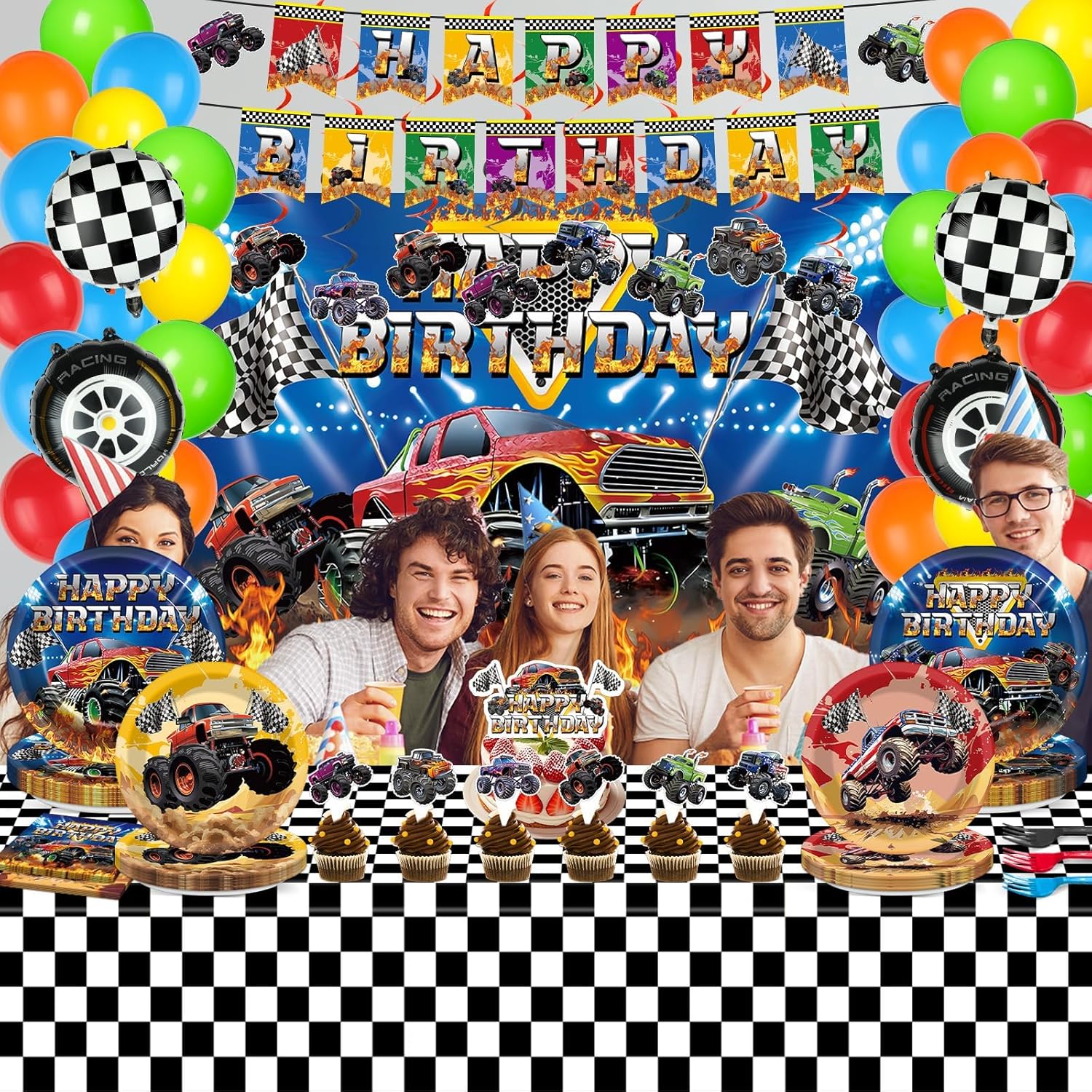 165Pcs Monster Theme Birthday Party Decorations Hot Race Car Tableware Truck Party Plates Napkins Backdrop Tablecloth Banner Balloon Cake Topper Hanging Swirl for Boys Birthday Baby Shower Supplies