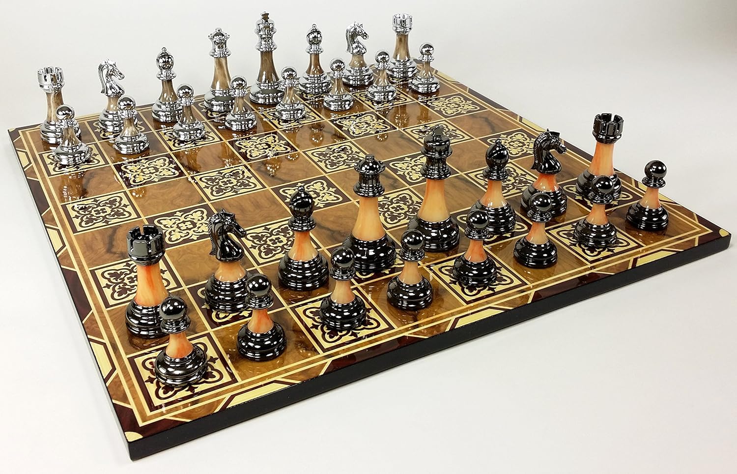 Staunton Chrome & Black Chrome Pro Plastic Chess Men Set W 17" Burlwood Color Board