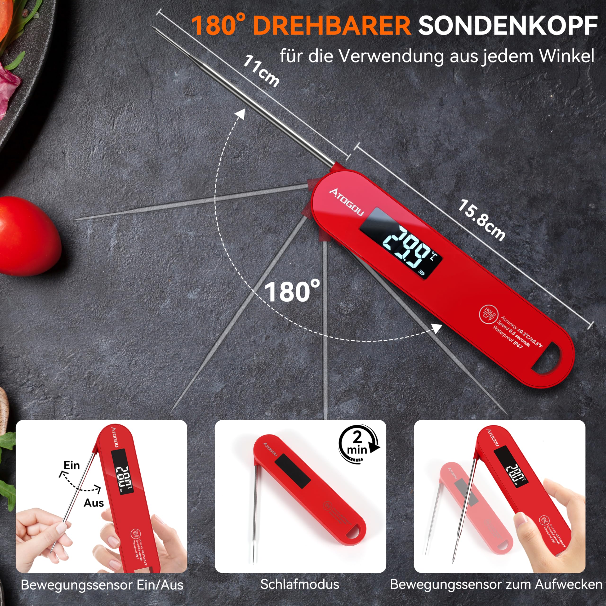ATOGOU Thermomètre numérique ultra rapide IP67 étanche avec fonction Hold, écran rotatif à 180°, pour barbecue, liquide, rôti, bonbons, bœuf (rouge)