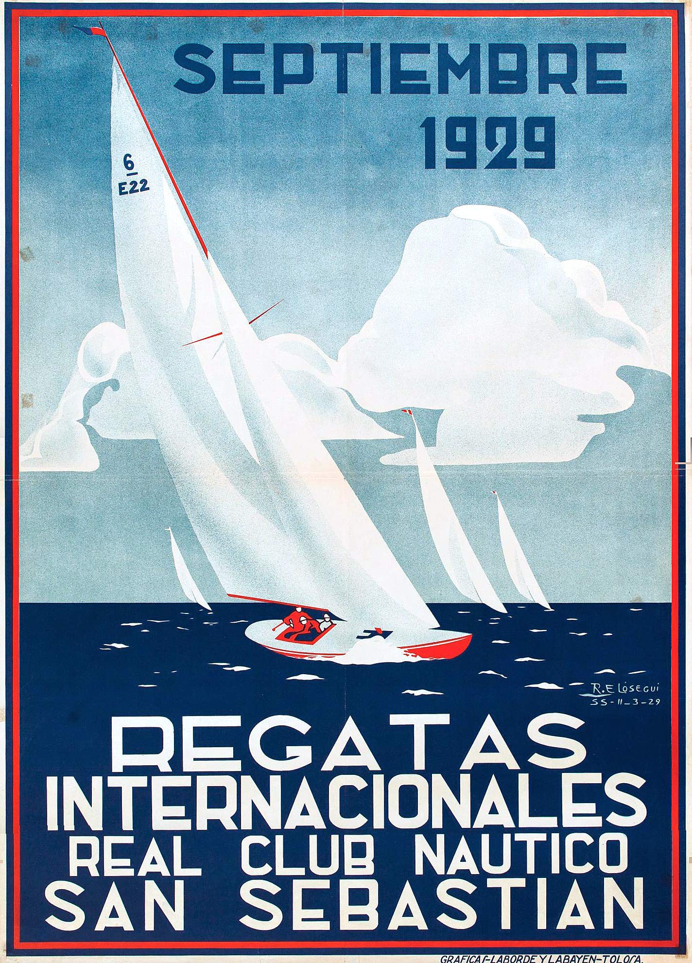Club Náutique San Sebastian 1929 - Póster de reproducción, formato 50 x 70 cm, papel 300 g, venta del archivo digital HD posible, consulta (tienda: cartel vintage.FR)