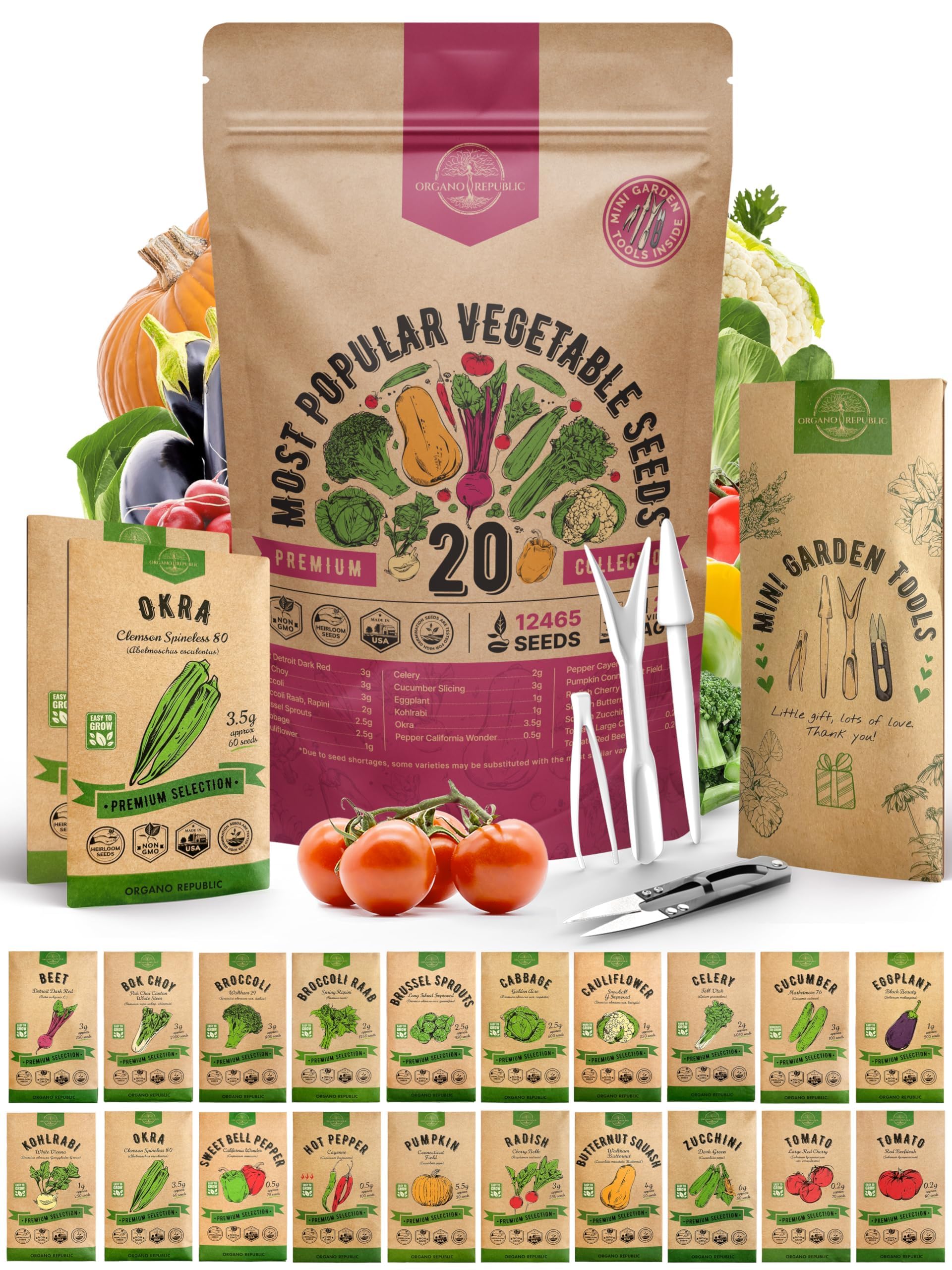 20 Vegetable Seeds Variety Pack - 12,465+ Non-GMO Heirloom Seeds for Planting Vegetables and Fruits in Individual Seed Packets, Home Garden Seed for Hydroponic, Indoor and Outdoors Gardening