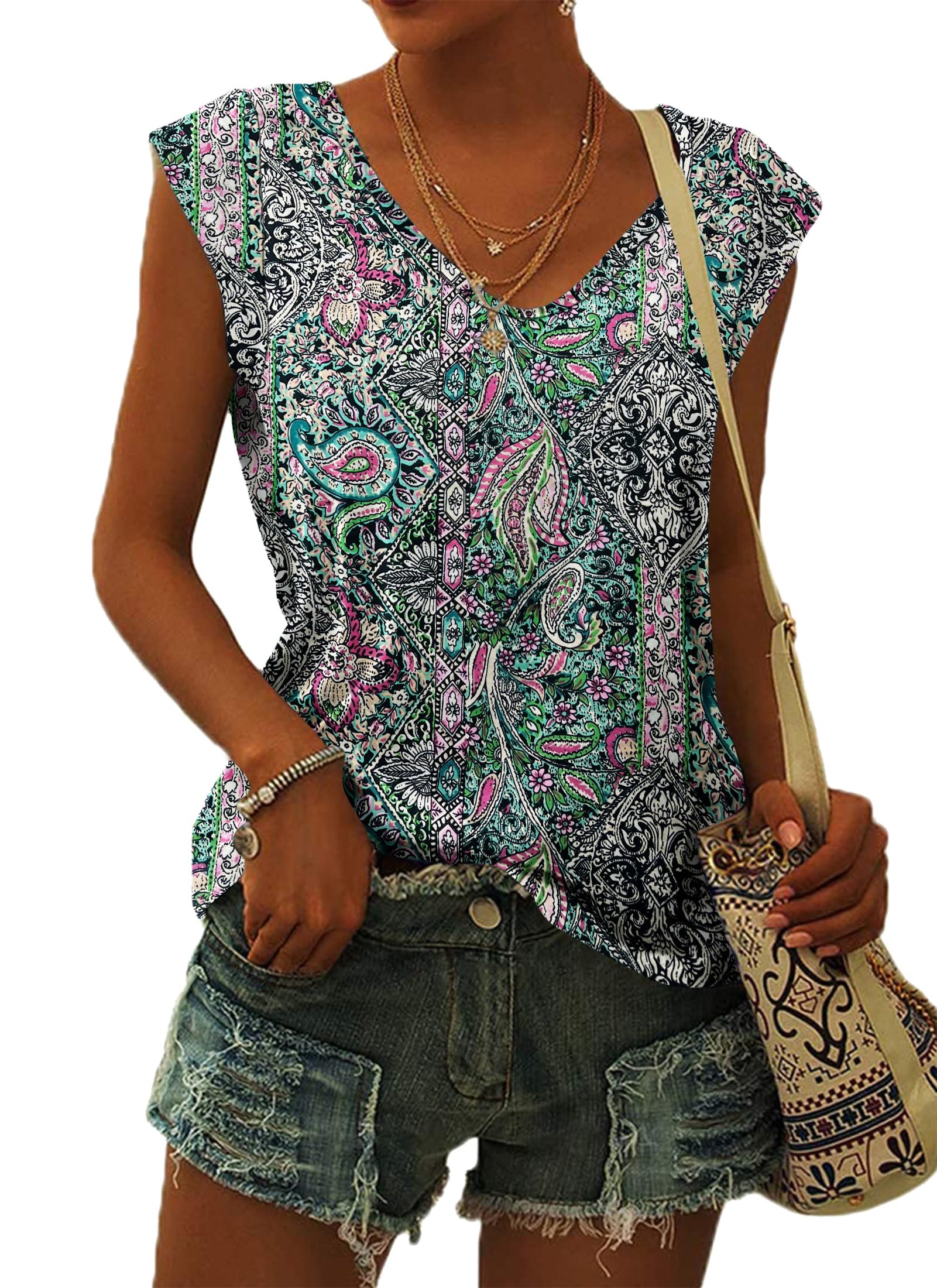 Wneedu Women's 01-Palace Green Flower Tops Summer T-Shirts For Uk V Neck Cap Sleeve Summer Tank Tops Blouses Palace Green Flower M