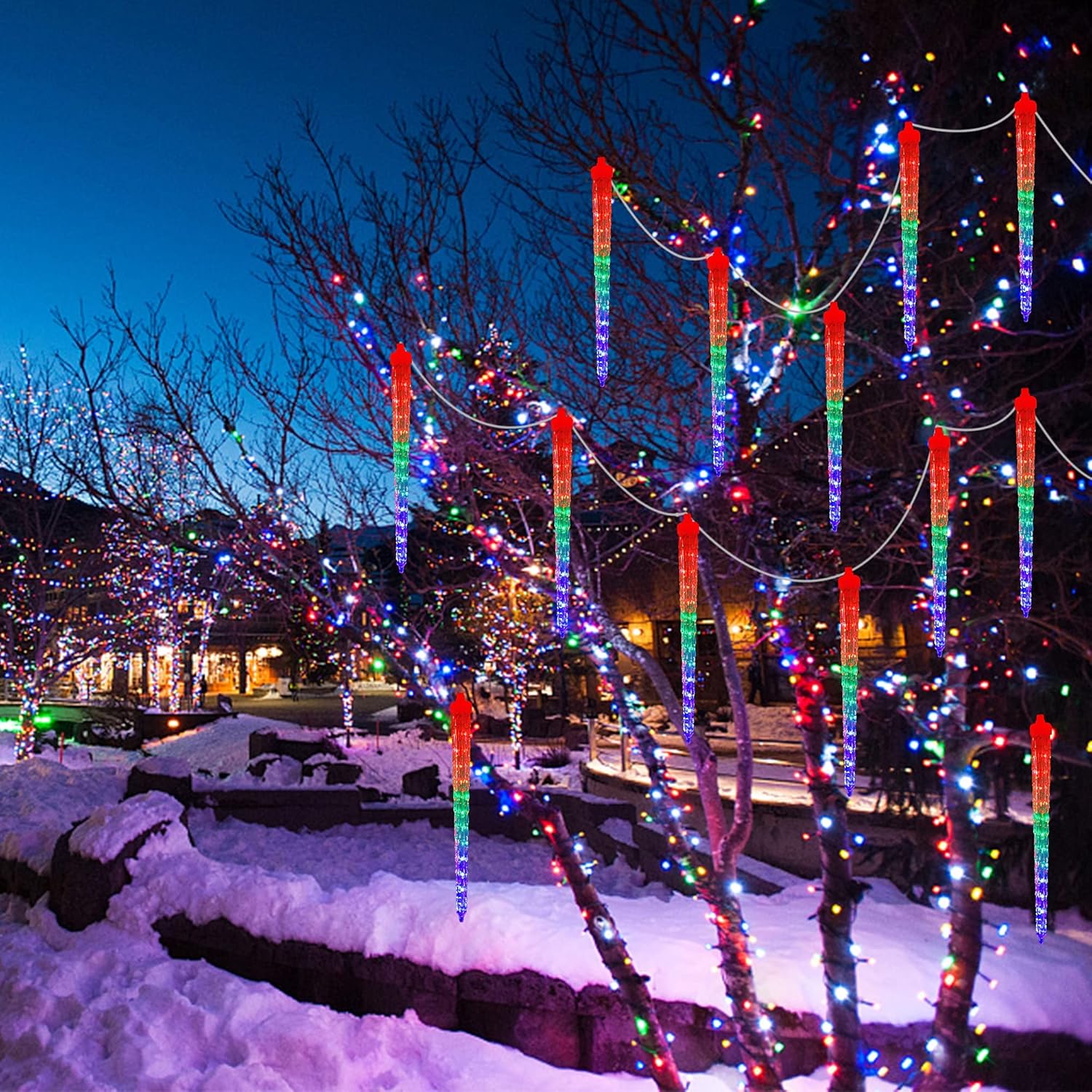 WATERGLIDE Meteor Shower Lights, 12 Outdoor Icicle Christmas Lights 8 Icicles 192 SMD LED Crystal Ice Falling Light, Connectable Raindrop Light, Xmas Winter Party Tree Holiday Decor, Multicolor