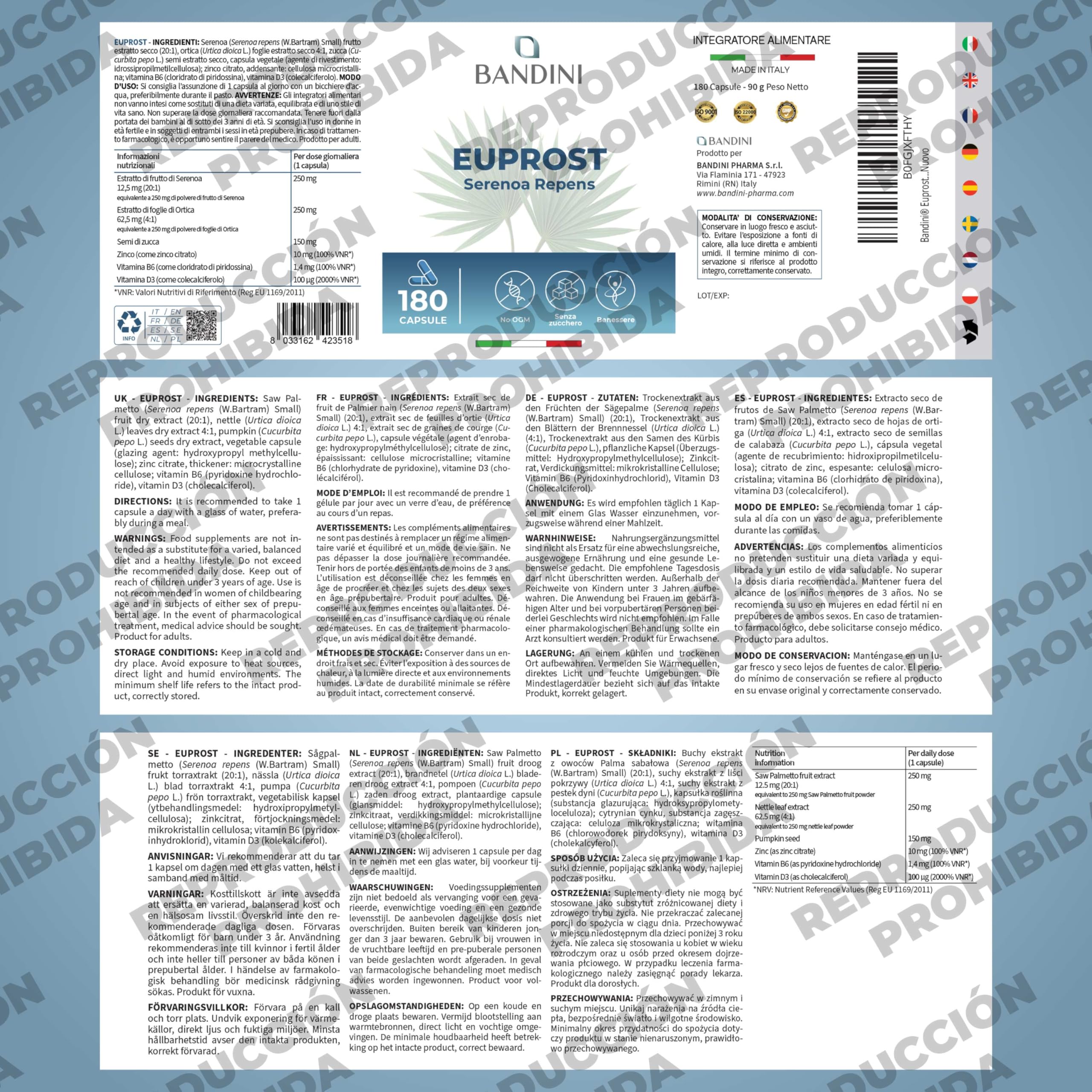 Bandini® Euprost Saw Palmetto 180 Cápsulas | Serenoa Repens con Semillas de Calabaza, Ortiga, Zinc, Vitamina D3 y B6 | Palma enana para Hombres | Extracto 20:1 estandarizado al 30% en ácidos grasos