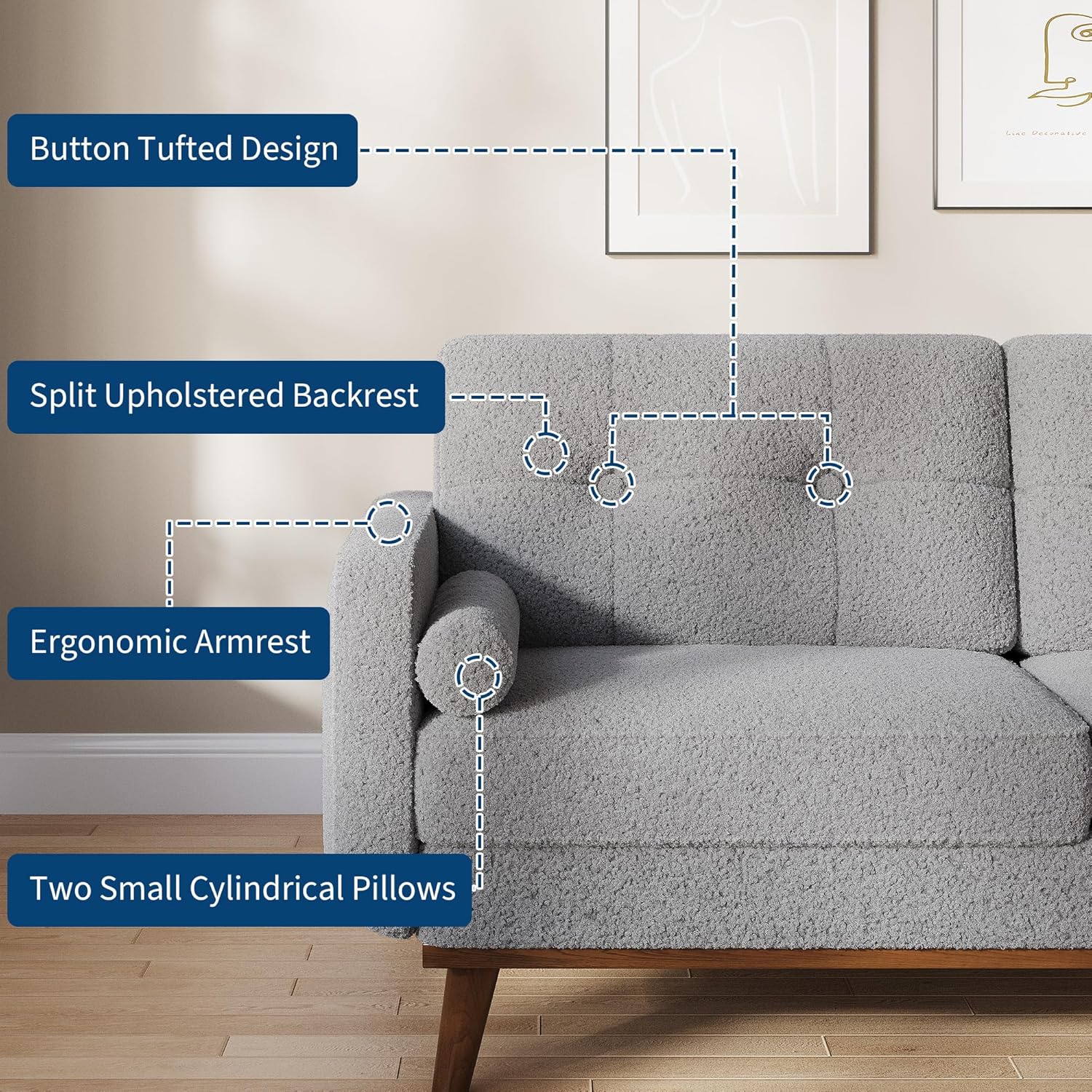 IDEALHOUSE 65" Mid Century Modern Couch Sofa Loveseat, Comfy Love Seat Couches for Living Room, 2 Seater Teddy Fleece Boucle Upholstered Deep Seat Couch for Bedroom Office Small Space, Gray