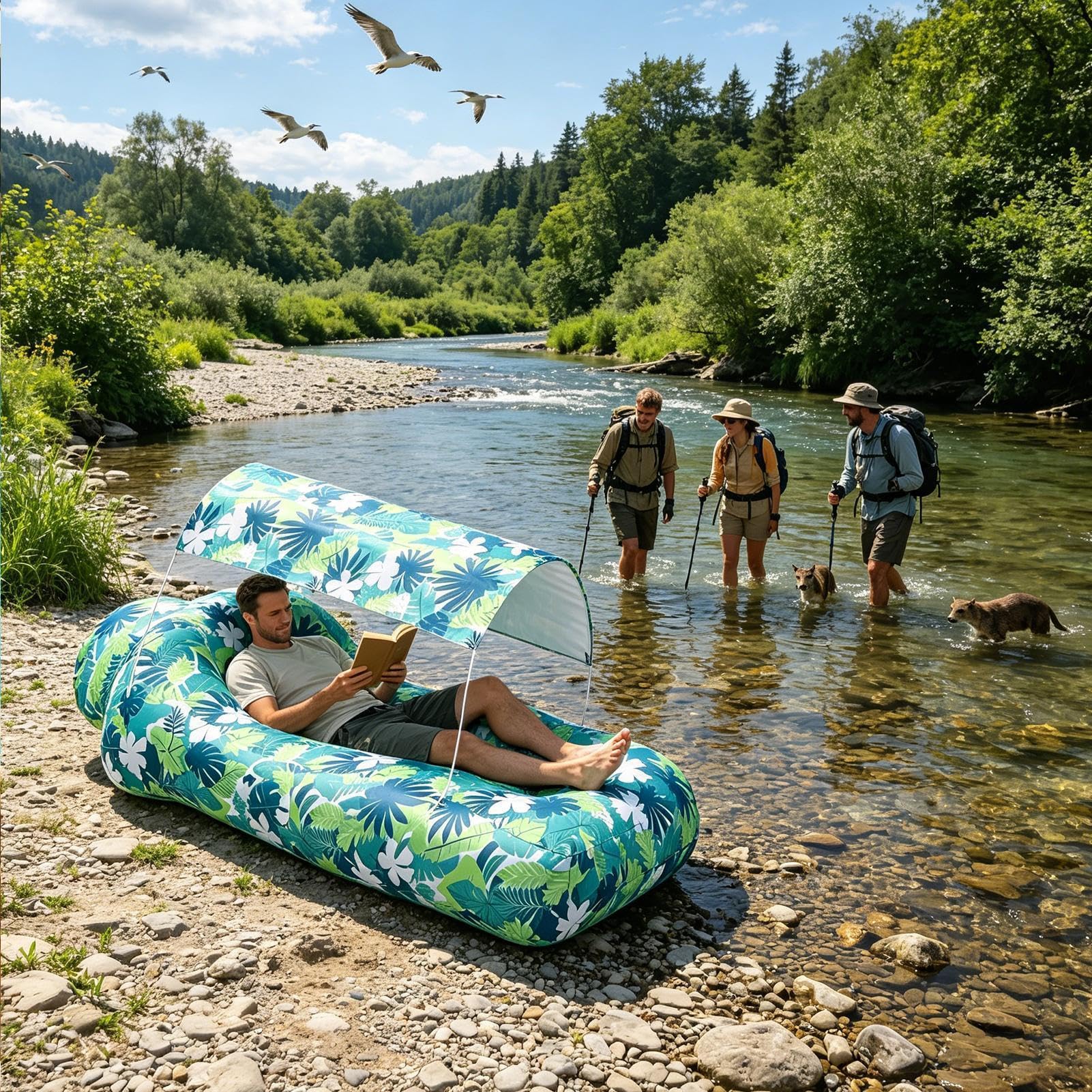 Dmuchana Leżanka Powietrzna Sofa Plażowa z Osłoną Przeciwsłoneczną | muchiwana bez Pompki Na podróżowanie i wakacje, biwakowanie, morzem, piesze wędrówki, piknikowanie, w