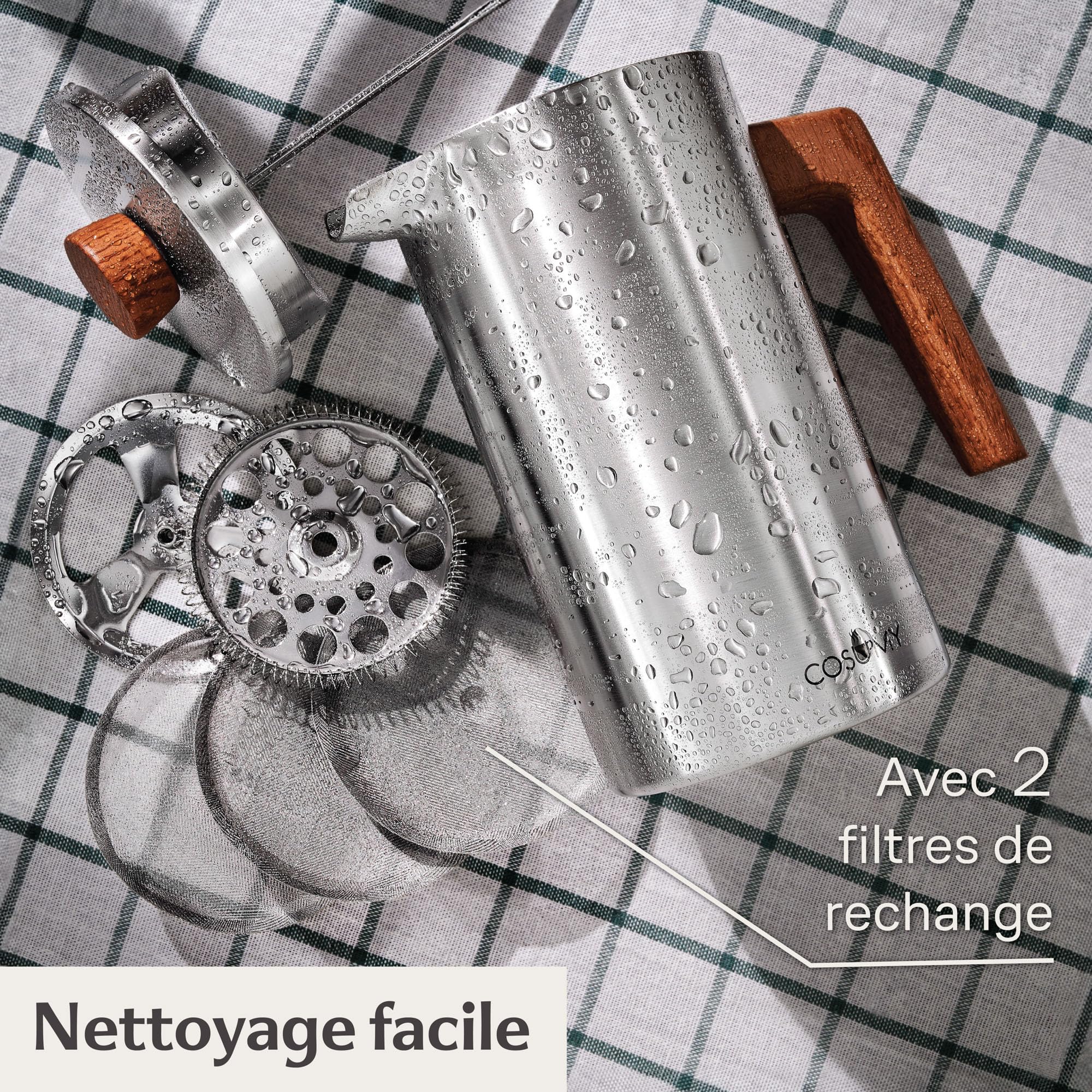 Cosumy Cafetière à Piston Inox 1l pour 5 Tasses - Double Paroi Isolante - Garde le café chaud - Acier Inoxydable et Bois de chêne FSC