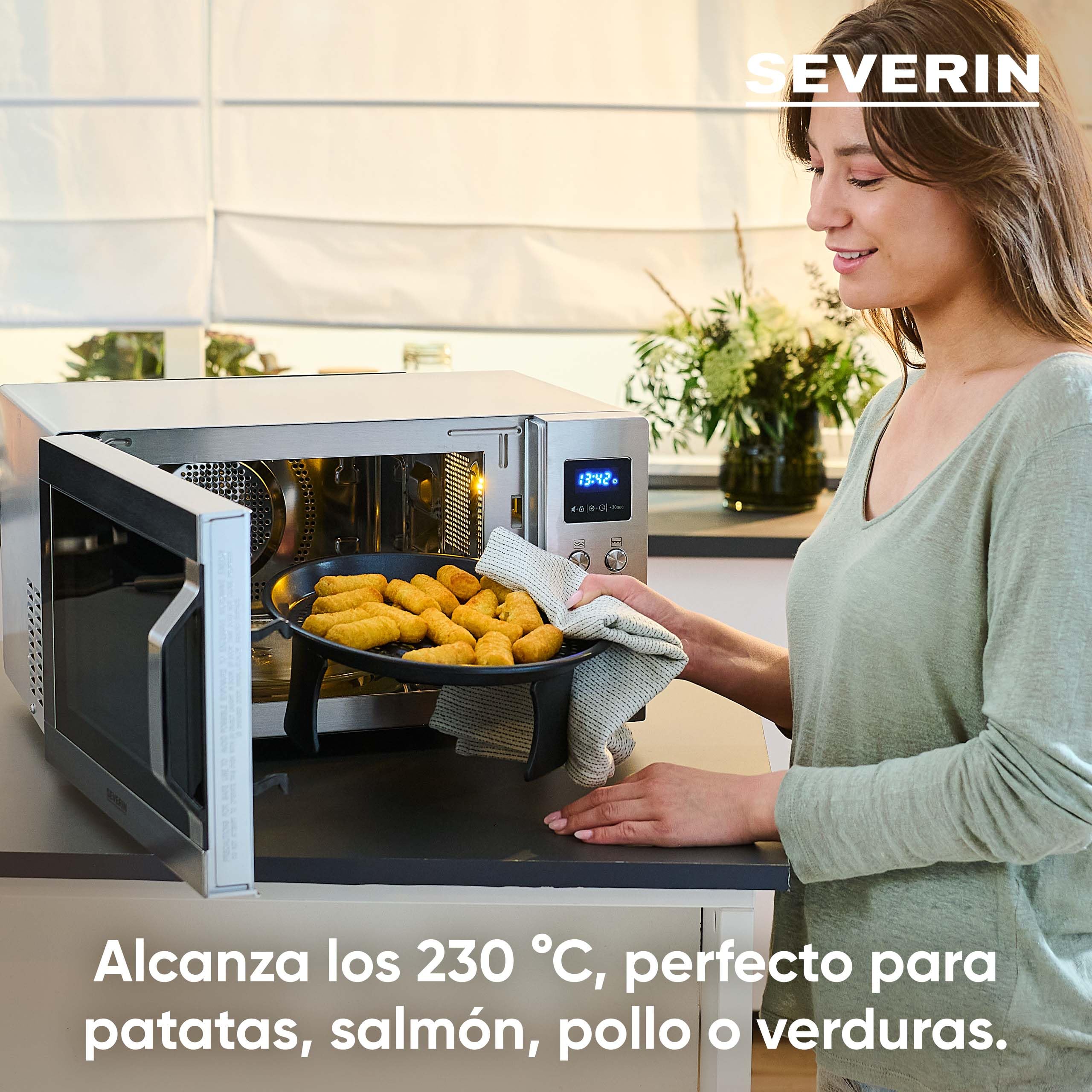 SEVERIN Microondas con grill y convección, función de freidora de aire, 4 en 1 para descongelar, cocinar y calentar, 25 L, acero inoxidable cepillado/plateado, MW 7982