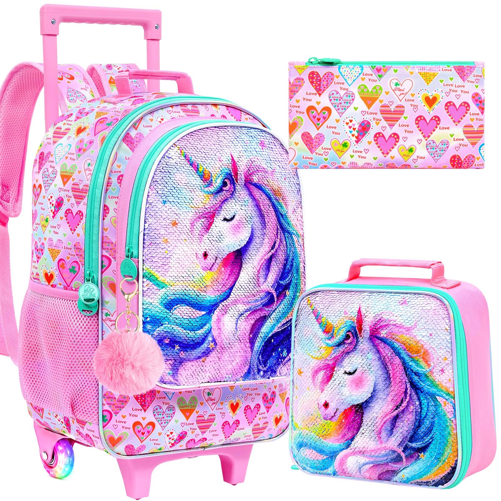 CCJPX 3Pcs Unicorn Rolling Backpack for Girls, 18" Kids Glow Wheels Bookbag with Lunch Box, Lightweight Roller School Bag for Elementary Preschool (Pink)