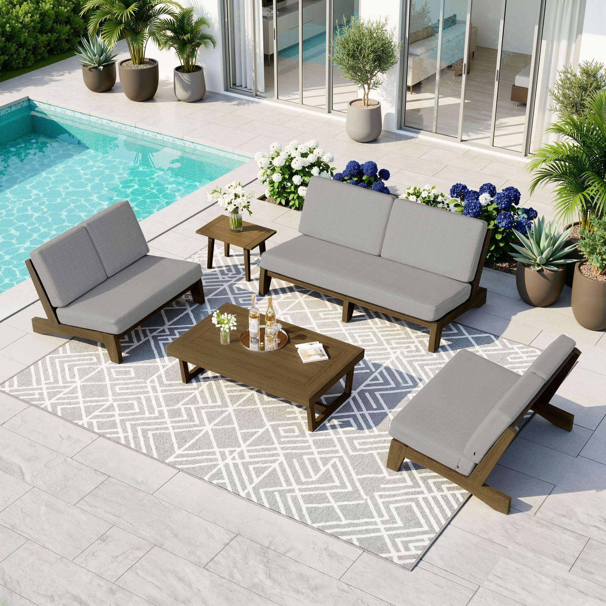 Pia Ricoo 5-Piece Patio Furniture Set, Outdoor Sofa with 2 Split Back Loveseat, 2 Chairs &amp; Coffee Table, Conversation Set for Backyard/Deck/Lawn - Gray