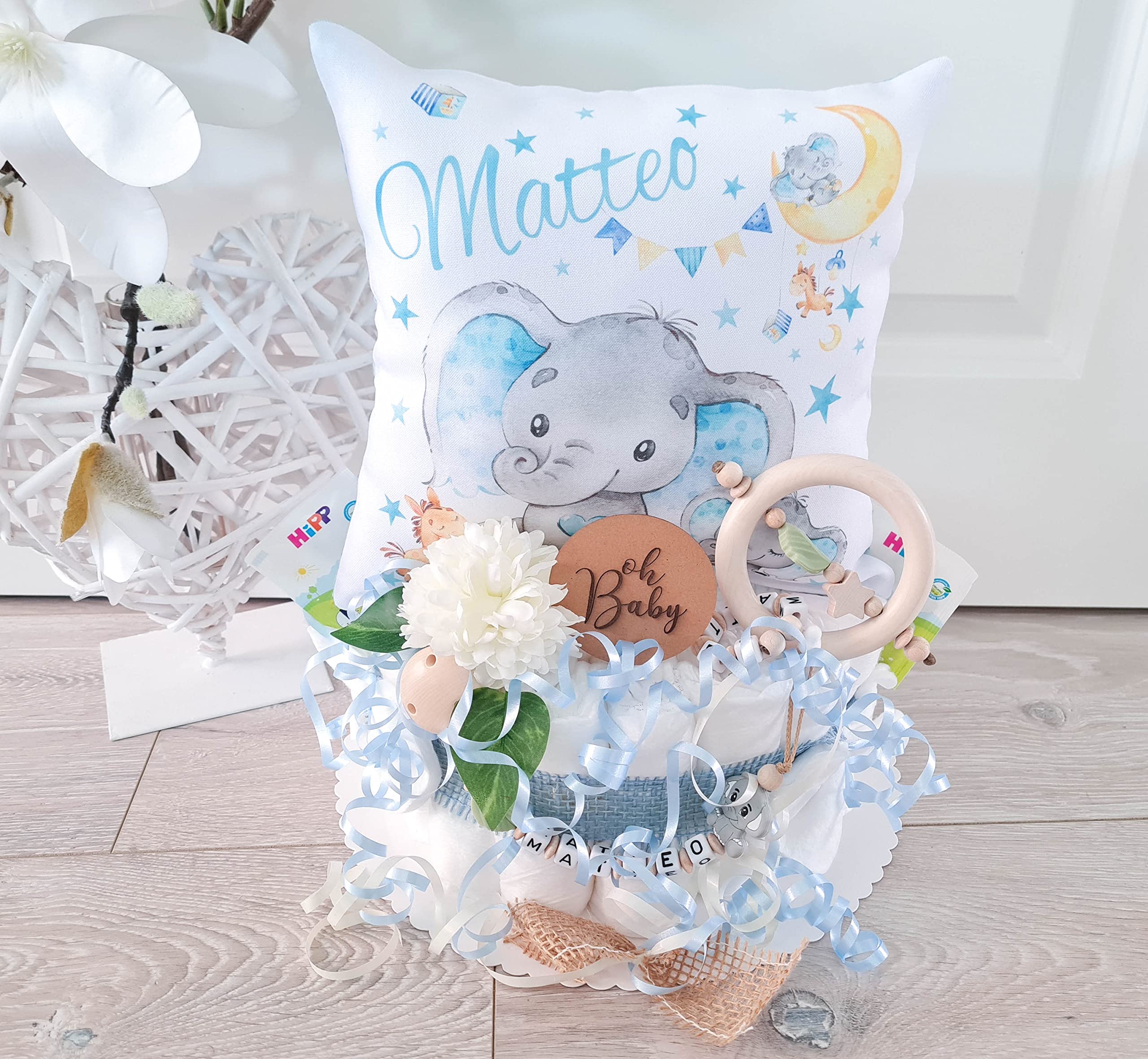 Windeltorte mit Name - Kuschelkissen Elefant Junge I Geschenk, Babyparty, Geburt + auf Wunsch, gratis Grußkärtchen