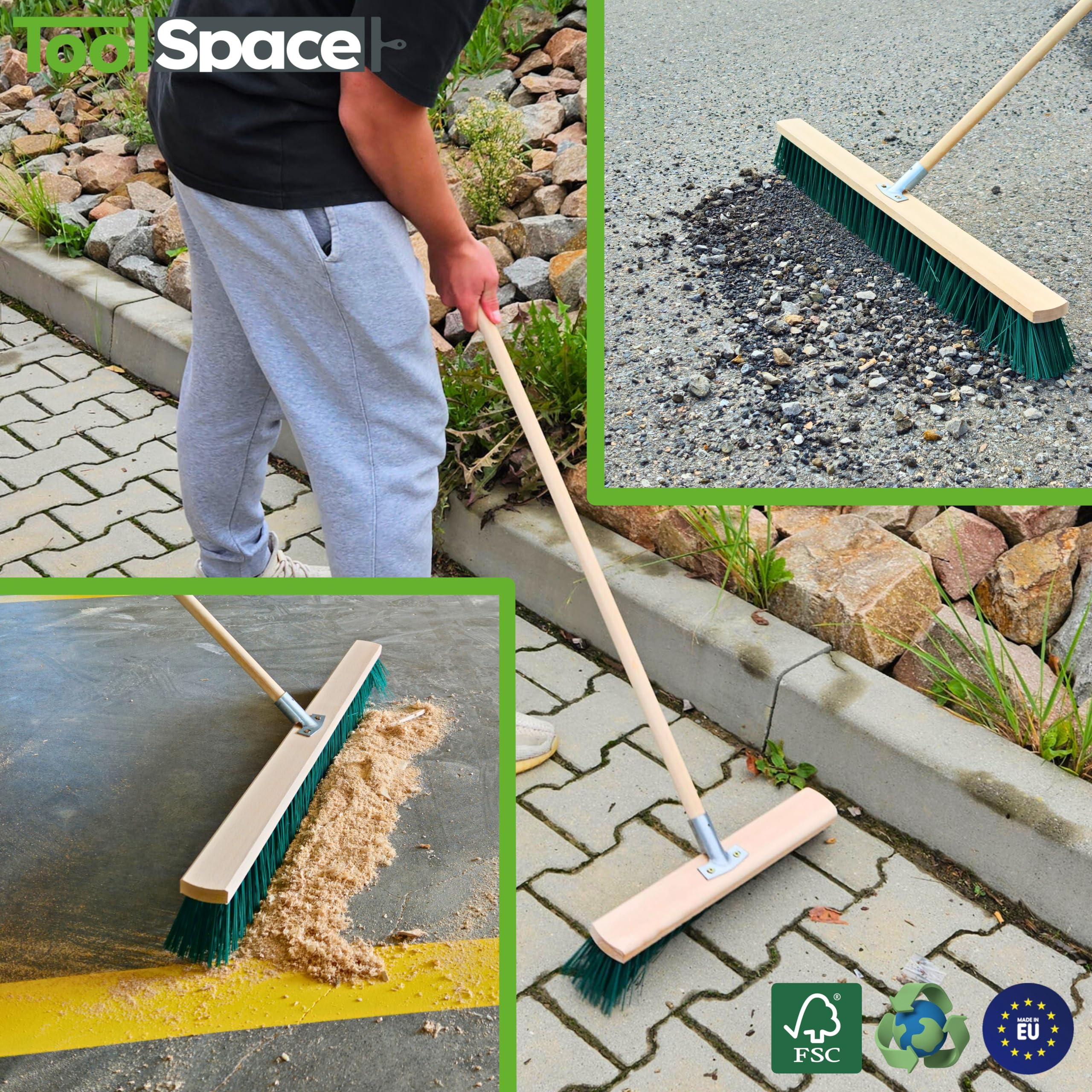 ToolSpace Straßenbesen 60 cm - 2 Stück - Holz Kehrbesen für den Terrasse, Garage, Pflaster, die Wege, PET Borsten Industriebesen mit Stielloch Schrubber ohne Stiel Saalbesen Gartenbesen Großraumbesen