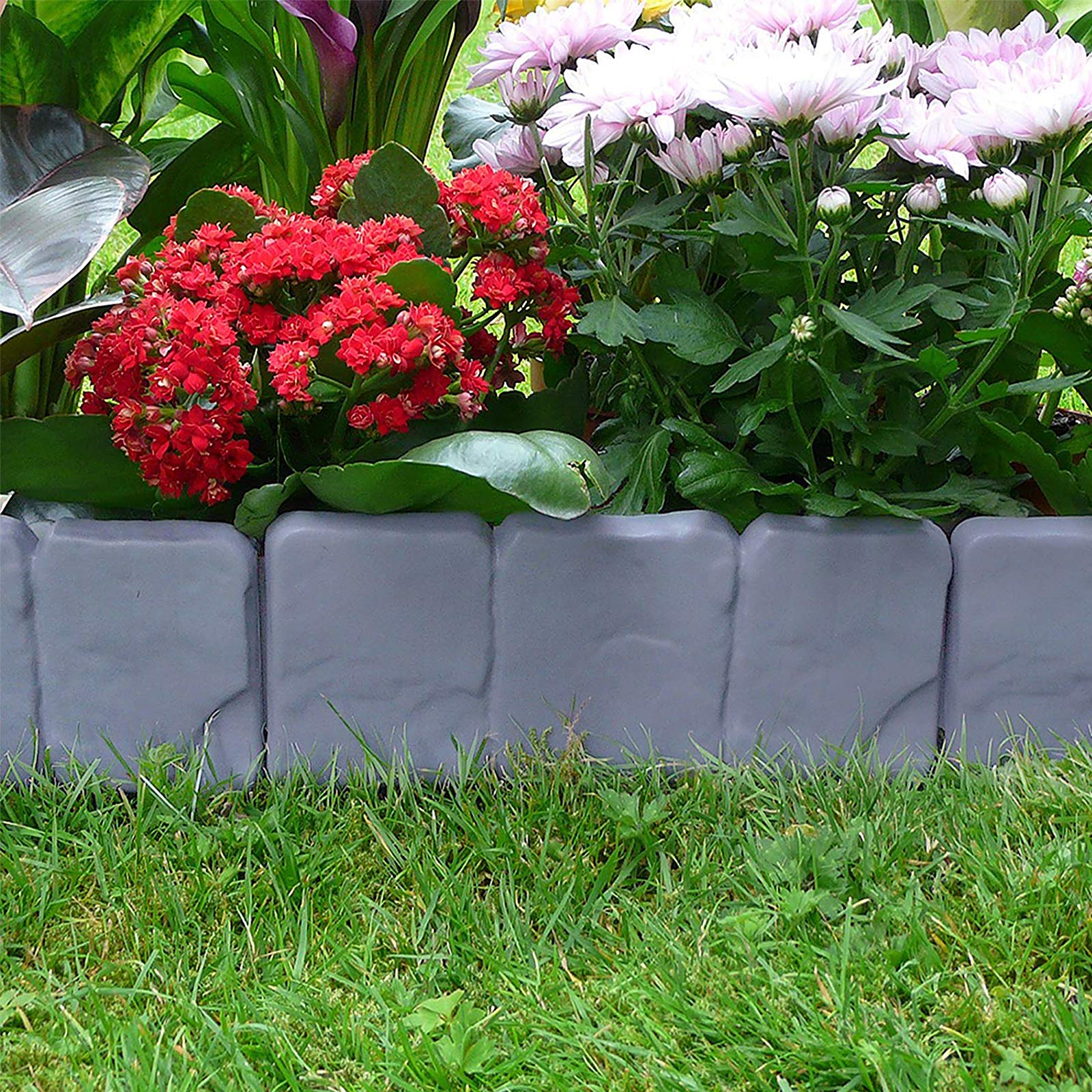 HENGMEI Bordo in Plastica Flessibile per Giardino Bordi per giardini effetto pietra 17,5m-70 Pezzi, 1 elemento (lunghezza x altezza): 25 cm x 23 cm, Grigio