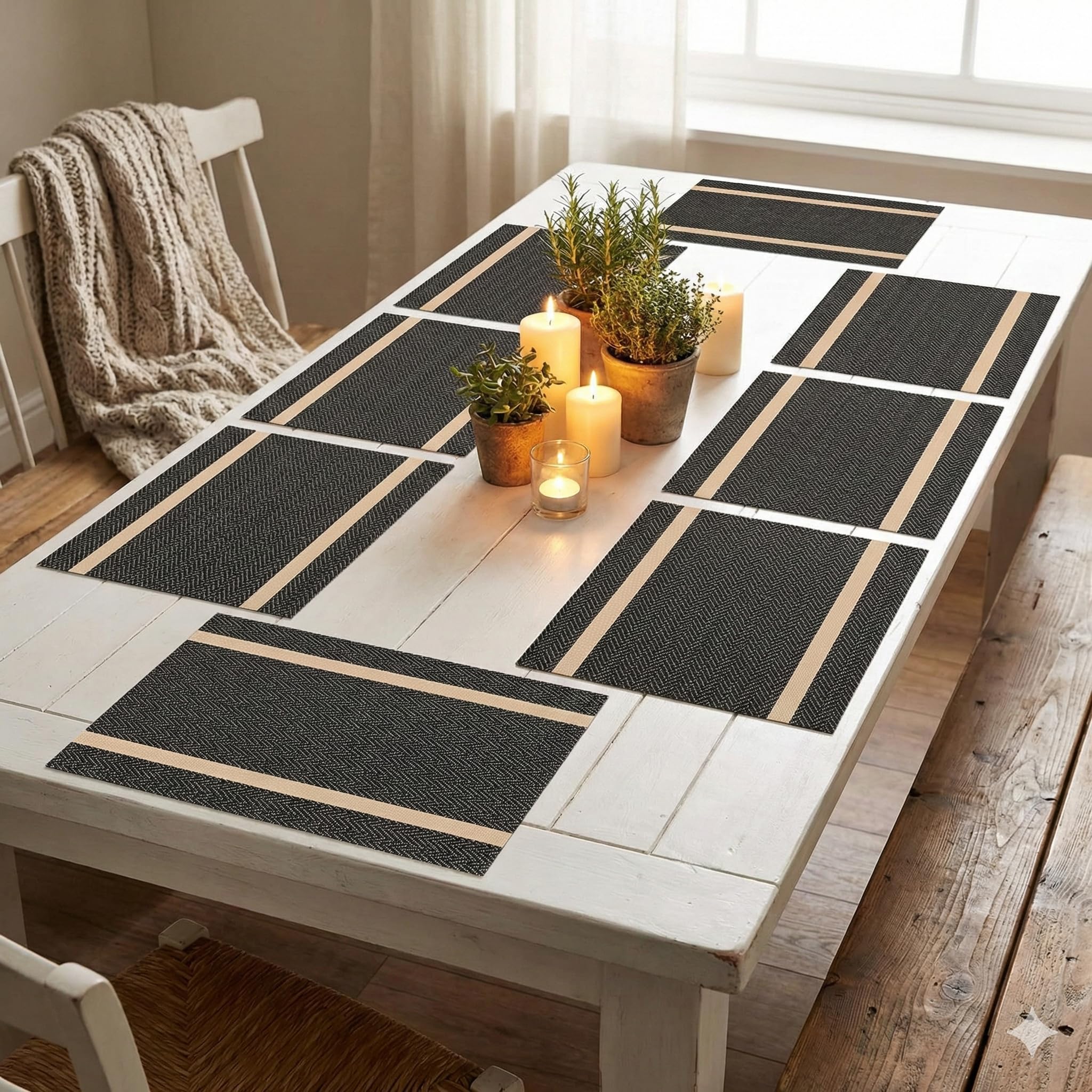 YELONA Placemats Set of 8, Heat-Resistant Woven Vinyl Table Mats, Non-Slip & Washable Dining Tablemats for Kitchen & Dinner Decor, Black & Gold (45cm x 30cm)