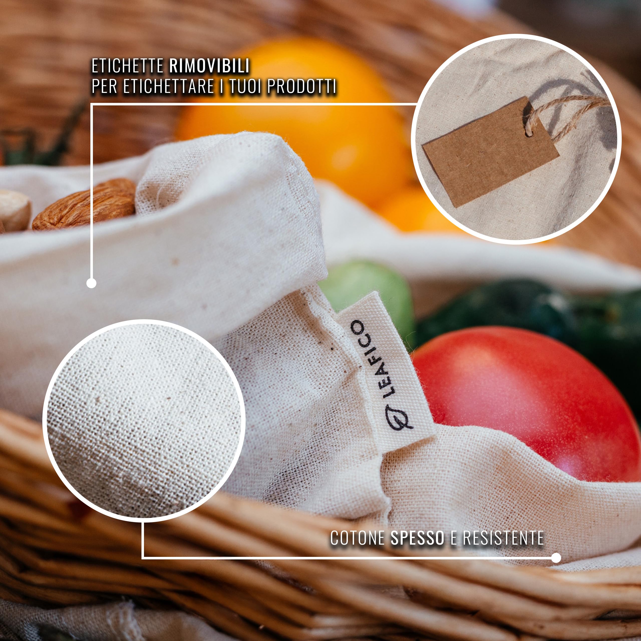 Leafico Sacchetti in Cotone Riutilizzabili Large 25x30 cm per Verdura, Frutta, Cipolle, Pane, Spesa Sfusa – Sacche Grandi Multiuso Lavabili e Naturali per Casa e Organizer – Confezione da 12 Pezzi