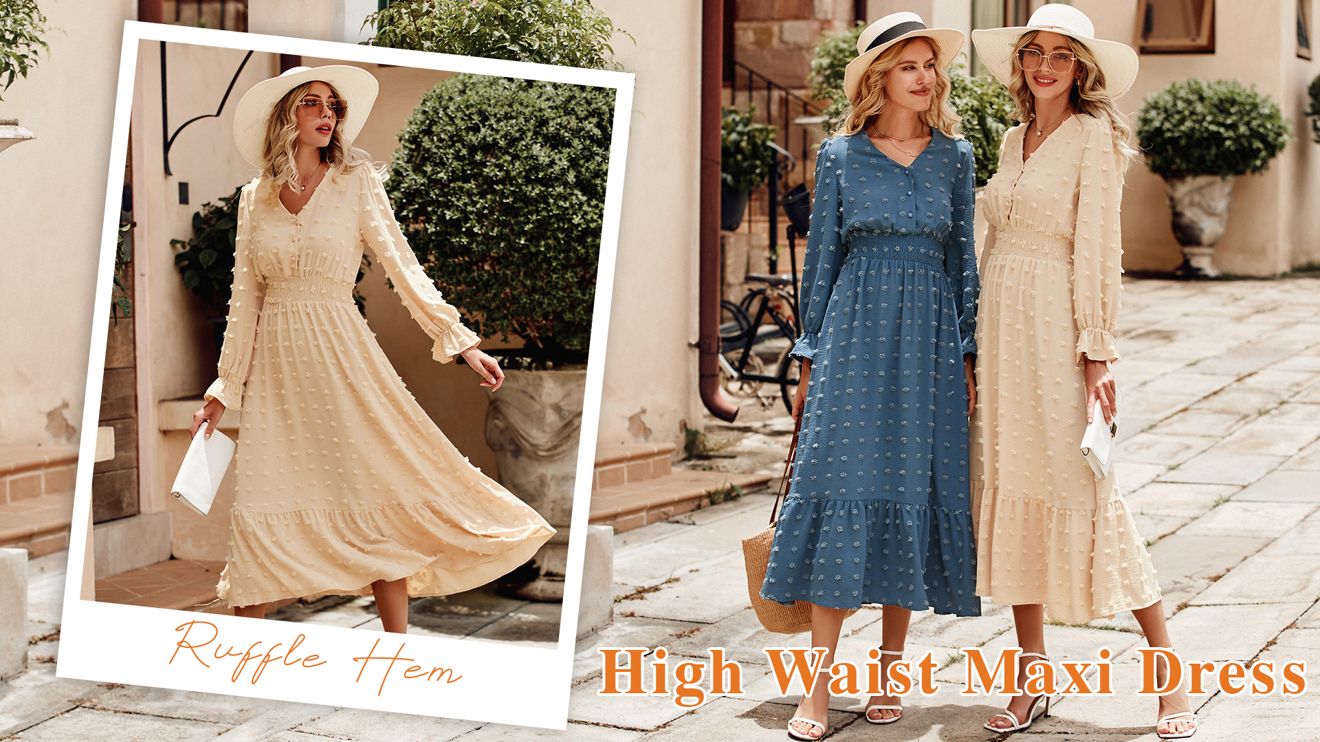 MASCOMODA Women Maxi Dress 2025 Fall Long Sleeve V Neck Swiss Dot Boho Smocked High Waisted A-Line Tiered Flowy Long Dresses(Small,Khaki) : Clothing, Shoes & Jewelry