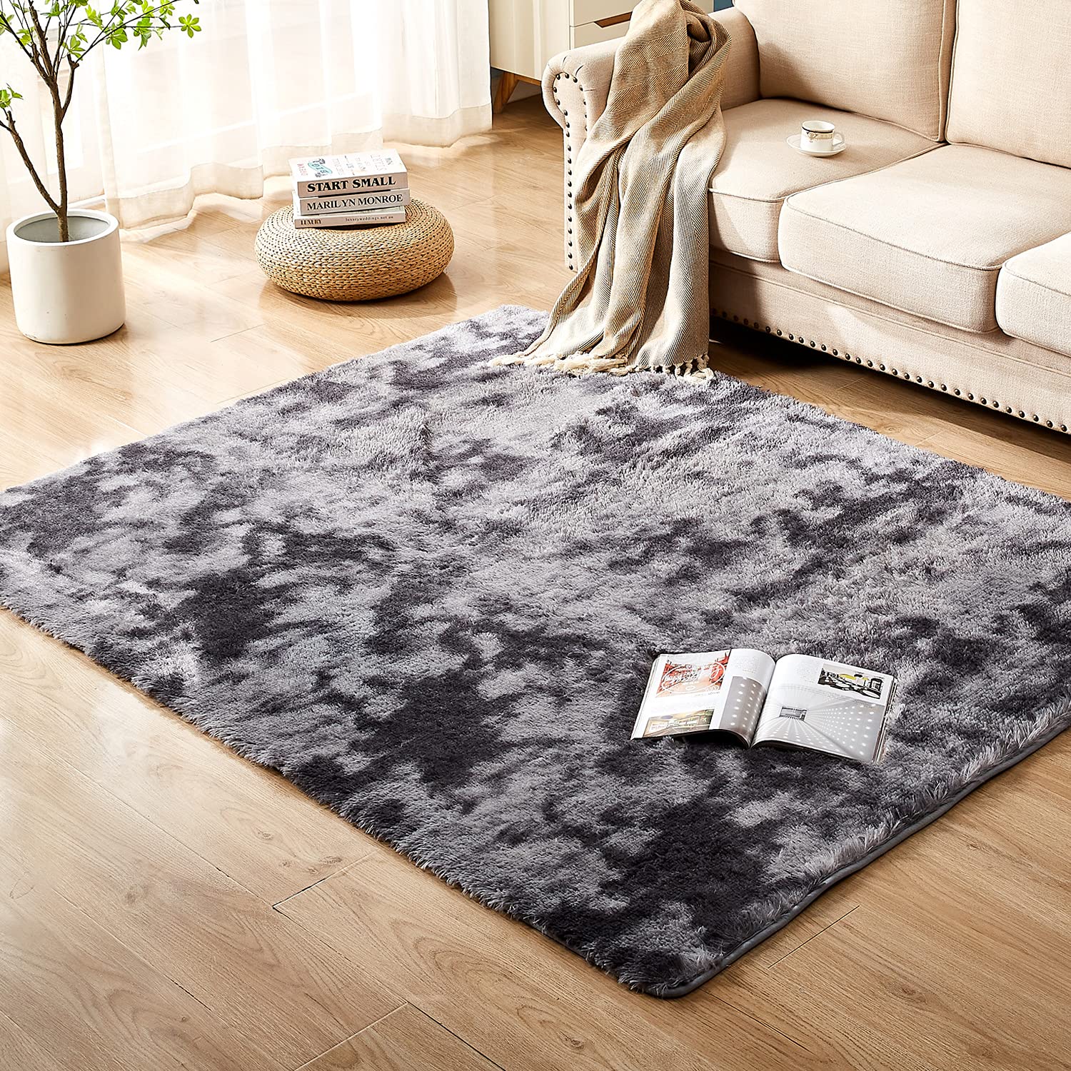 Floralux 5x8 Dark Grey Area Rugs for Bedroom, Ultra Soft Indoor Modern Shag Rug, Fluffy Carpets for Living Room, Tie-Dyed Dark Grey