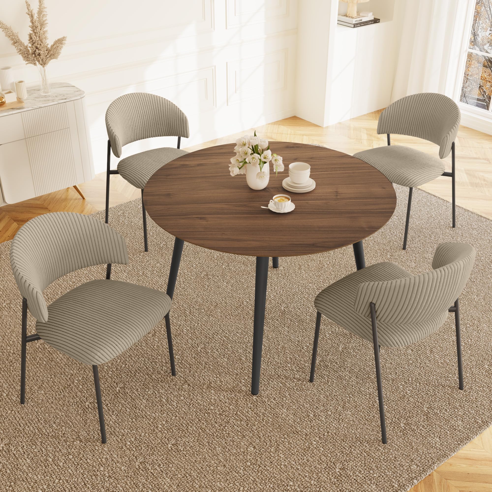 HIPIHOM 43.3 Inch Round Dining Table Set for 4, Modern Small Kitchen Coffee Set for Dining Room Kitchen Apartment (Walnut Table + 4 Grey Shell Chairs)