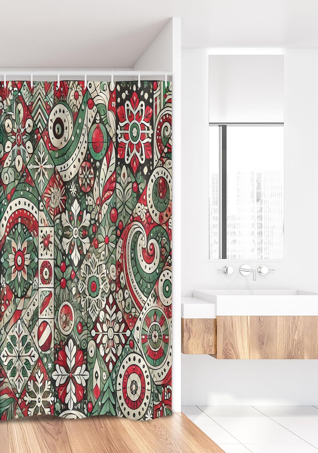 Ambesonne Christmas Stall Shower Curtain, Jumble Design of Leafy Atmosphere Xmas Floral and Winter Bells Party, Fabric Bathroom Decor Set with Hooks, 36" W x 72" L, Dark Pink Laurel Green