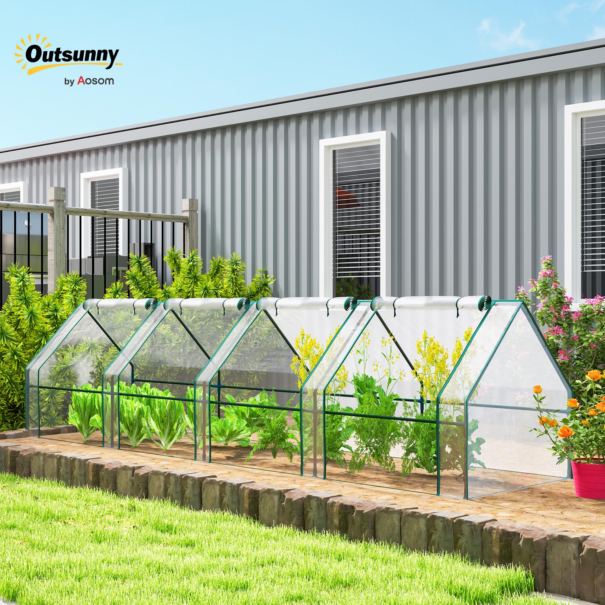 Outsunny Serra da Giardino 4 Porte Avvolgibili 360x90x90 cm Trasparente | a Cerniera, Serra per Orto, Struttura in Acciaio, Copertura PVC, per Orto Verdure Fiori Frutta