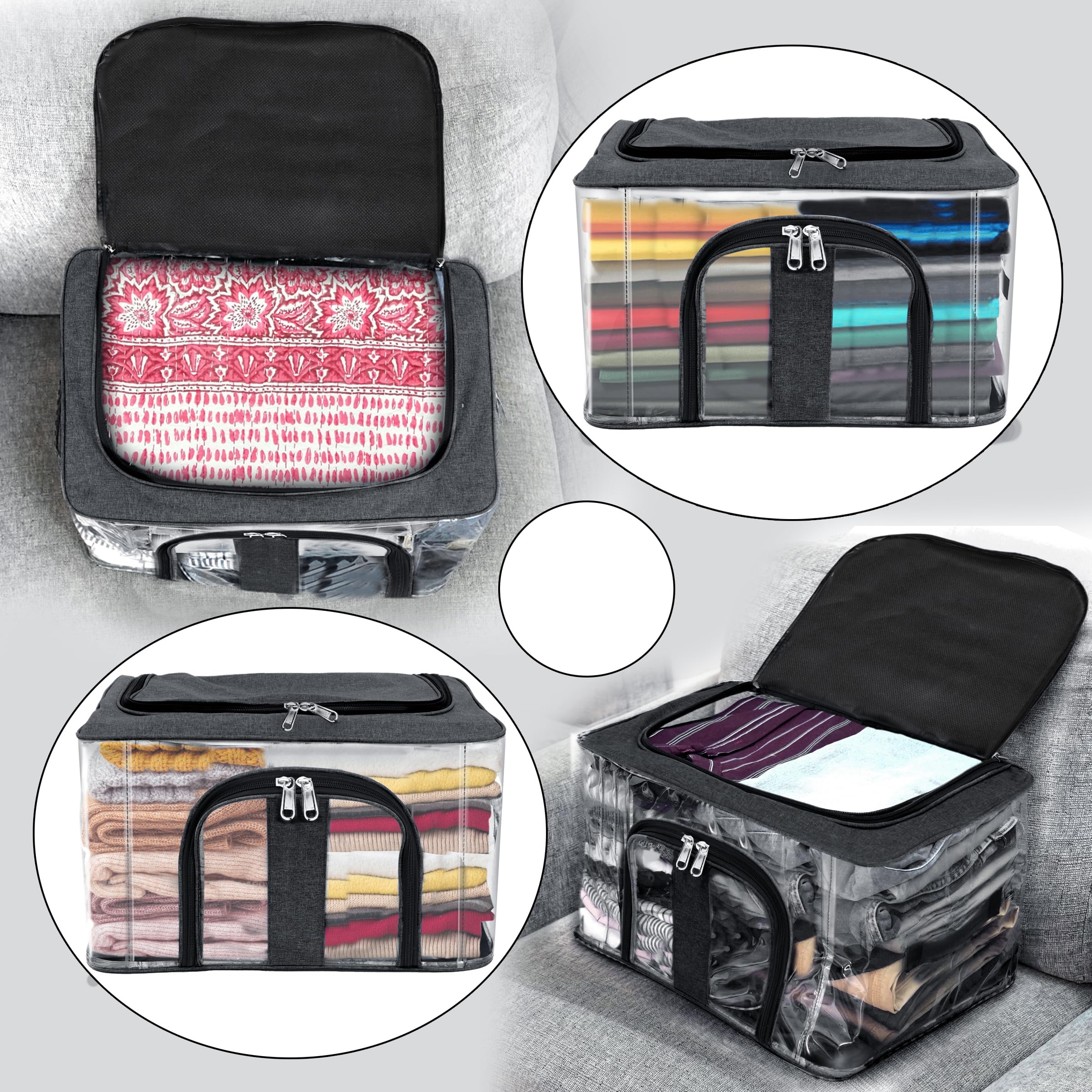 Storite Aufbewahrungsbox aus Nylon, 33 l, PVC, transparent, feuchtigkeitsbeständig, für Kleidung, Schrank, Kleiderschrank, Organizer, Saree-Taschen für Kleidung, mit Tragegriff, Schwarz, 44 x 31 x 24