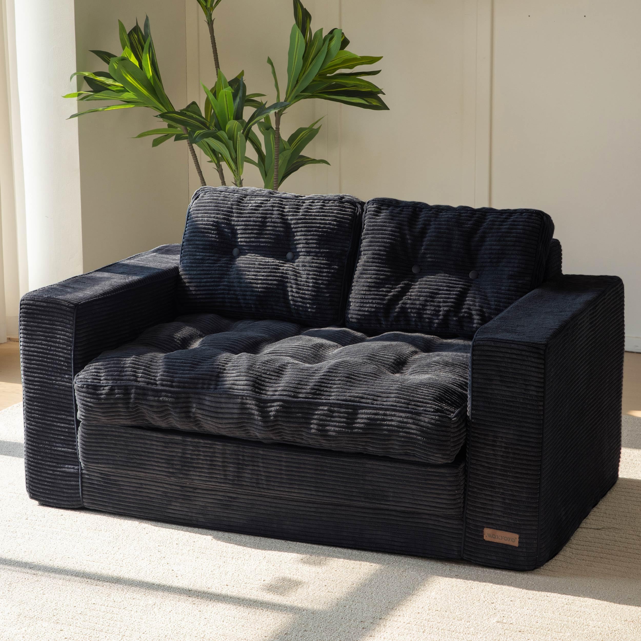 MAXYOYO Sofa Bed, Loveseat Sofa Convertable with 2 Pillows, 2 in 1 Comfy Corduroy Sofa 2 Seater, Floor Lounger Pull Out Sleeping Area 113x190CM, 15cm Thincken Foam