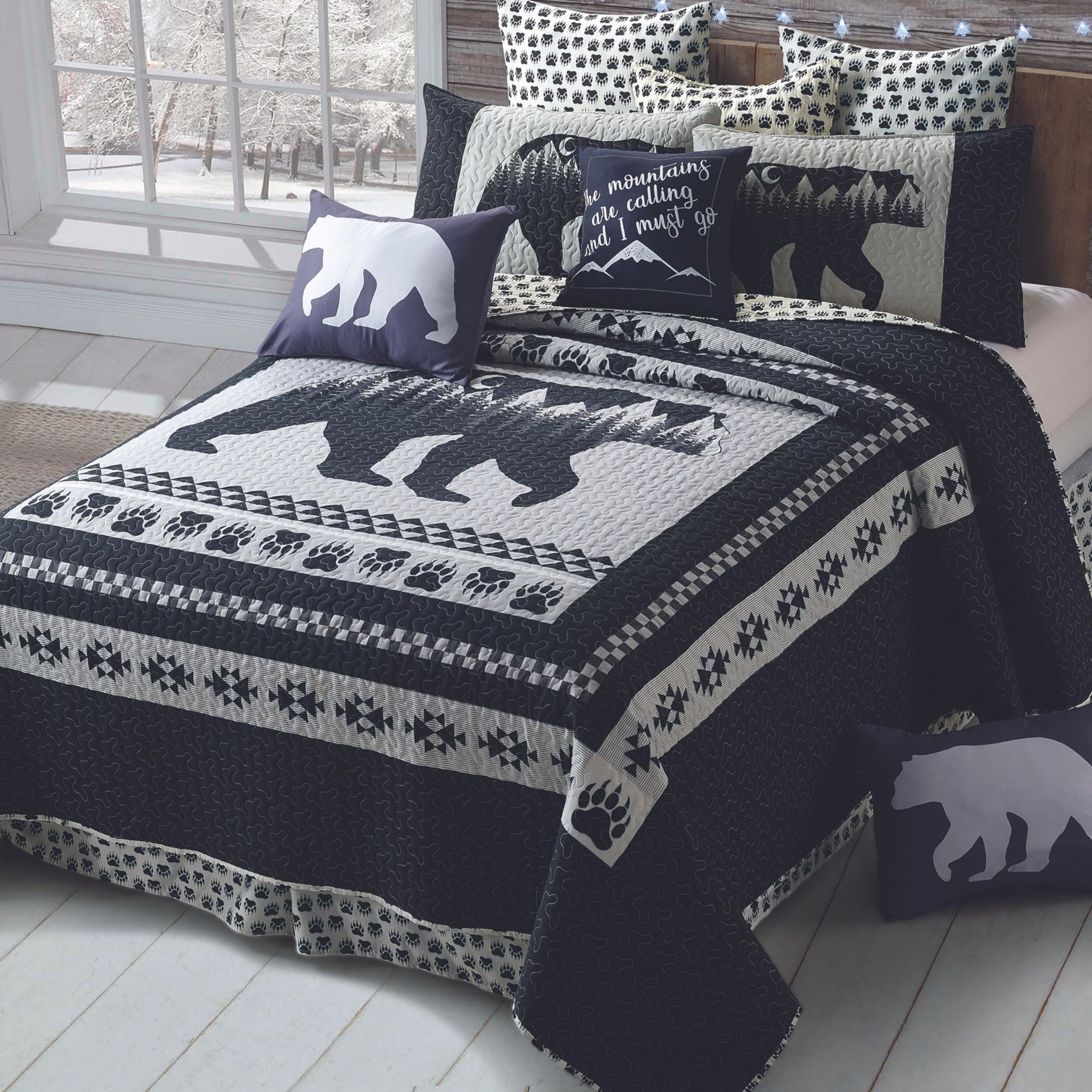 Virah Bella 2 Piece Twin Cabin Quilt Bedding Set - Moon Bear - Rustic Country Reversible Patchwork Comforter Set with Decorative Pillow Shams