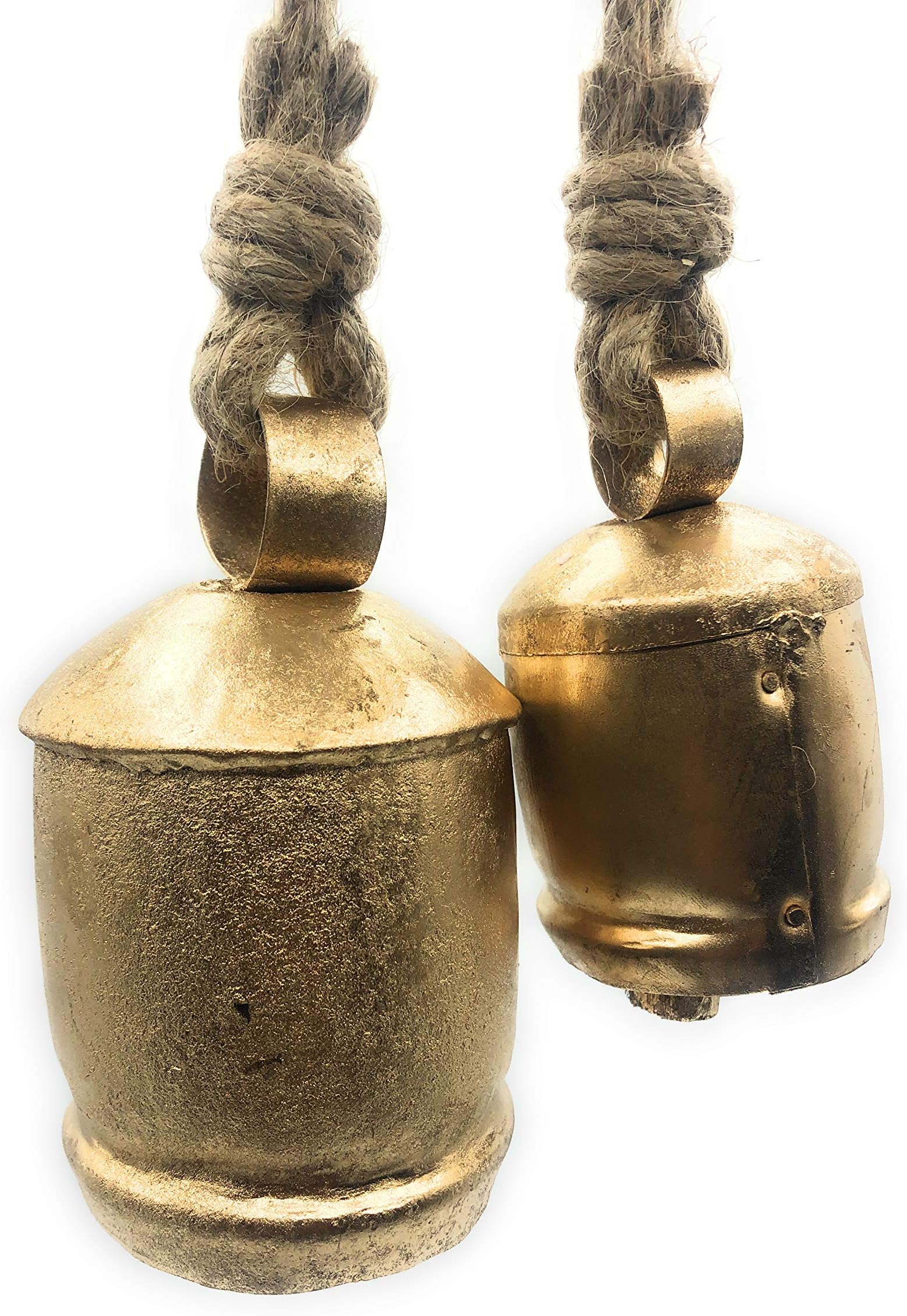 Crossing Seven Seas Golden Cylinder Hand Painted Christmas Cow Bells, Wreath Supply, Cowbell Door Decoration, Primitive Supply/Decor/Embellishment, with Jute Ropes
