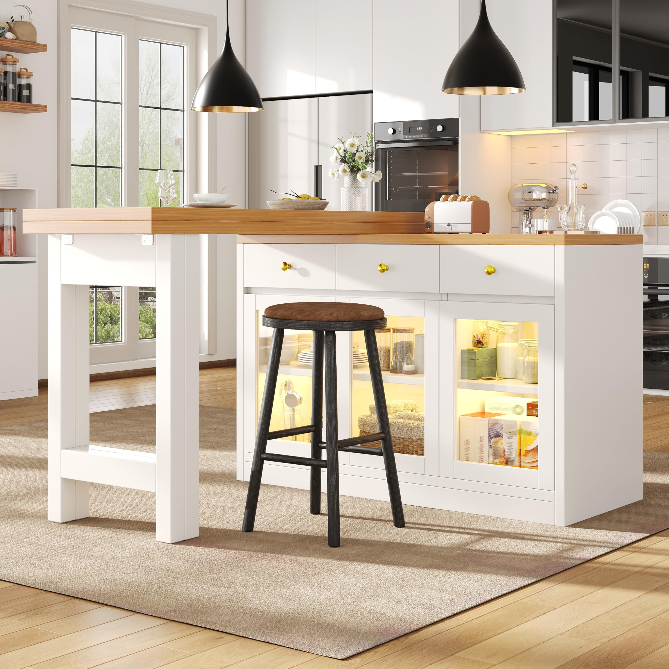 Tavolo da pranzo telescopico 120-200 cm, Isola cucina con illuminazione a LED, Tavolo da bar con 3 cassetti e ante in vetro, controllo tramite app, Bianco