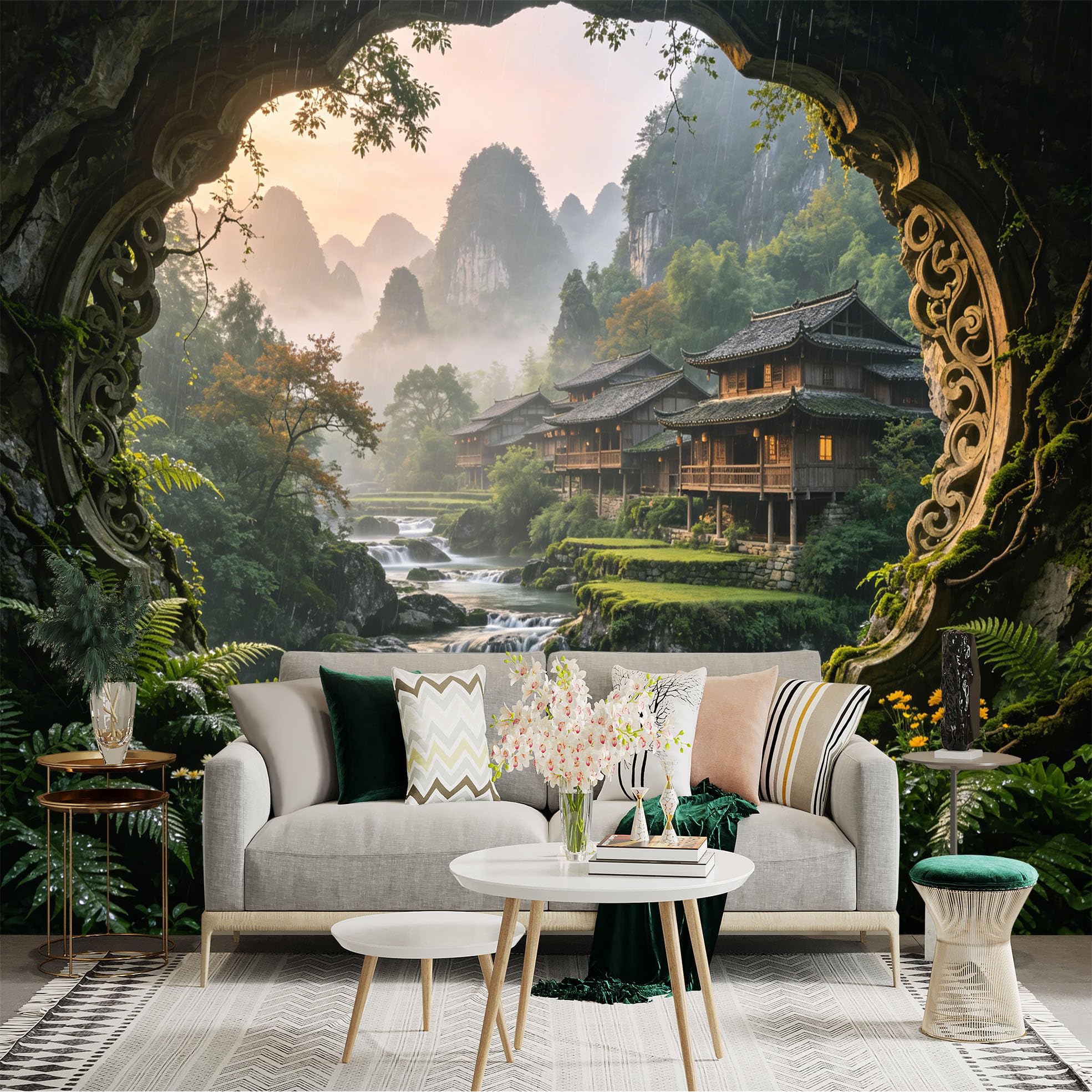 Custom Size Wall Sticker Mural， Tranquil Asian Village with Waterfalls， Mountains and Lush Forest， for wall Decoration， peelandstick wall Decals.