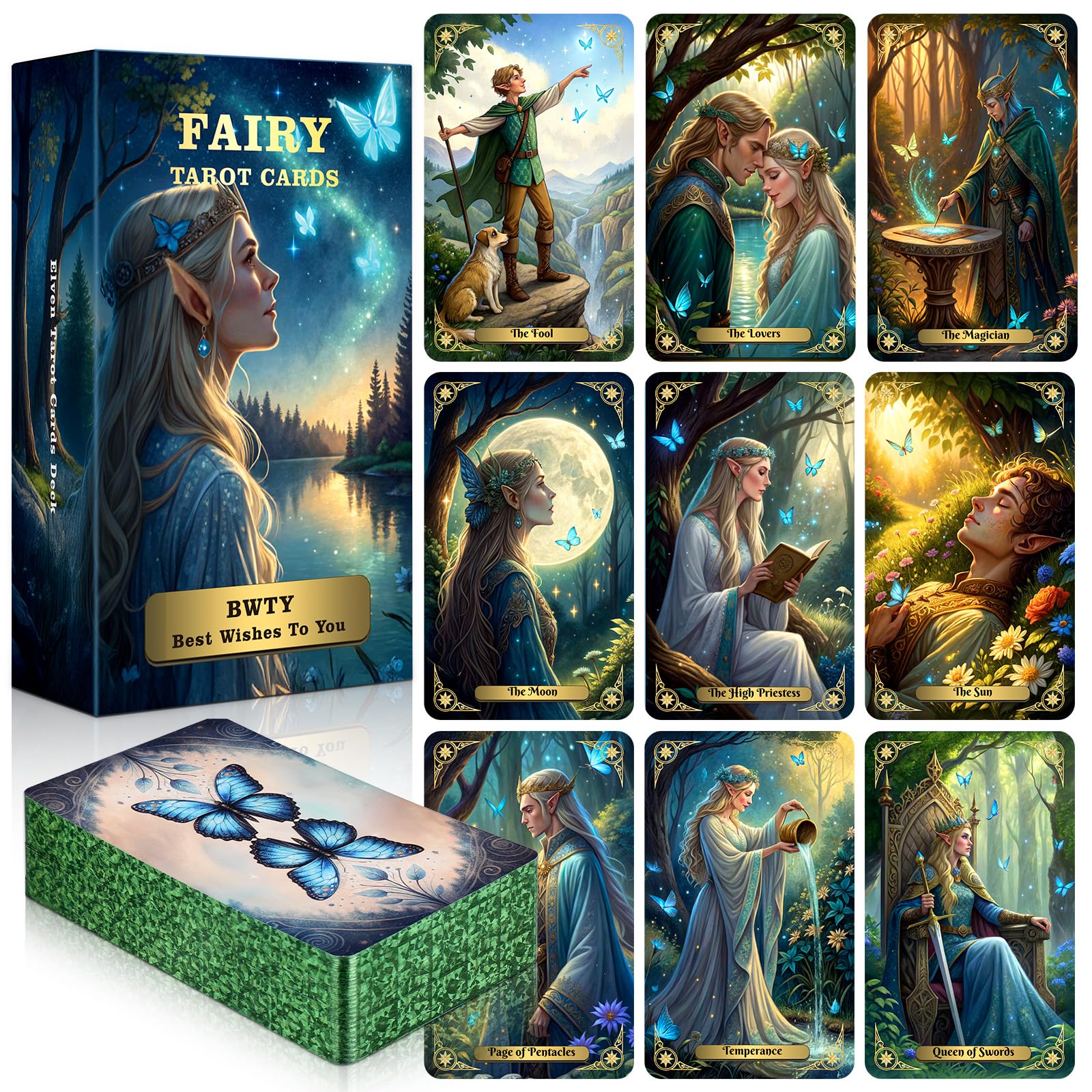 BWTY Best wishes to you Fairy Tarot Cards for Beginners Beautiful Tarot Deck Unique with Green Gold Foil Ddge Original Pretty Cards 78 PCS Standard Size