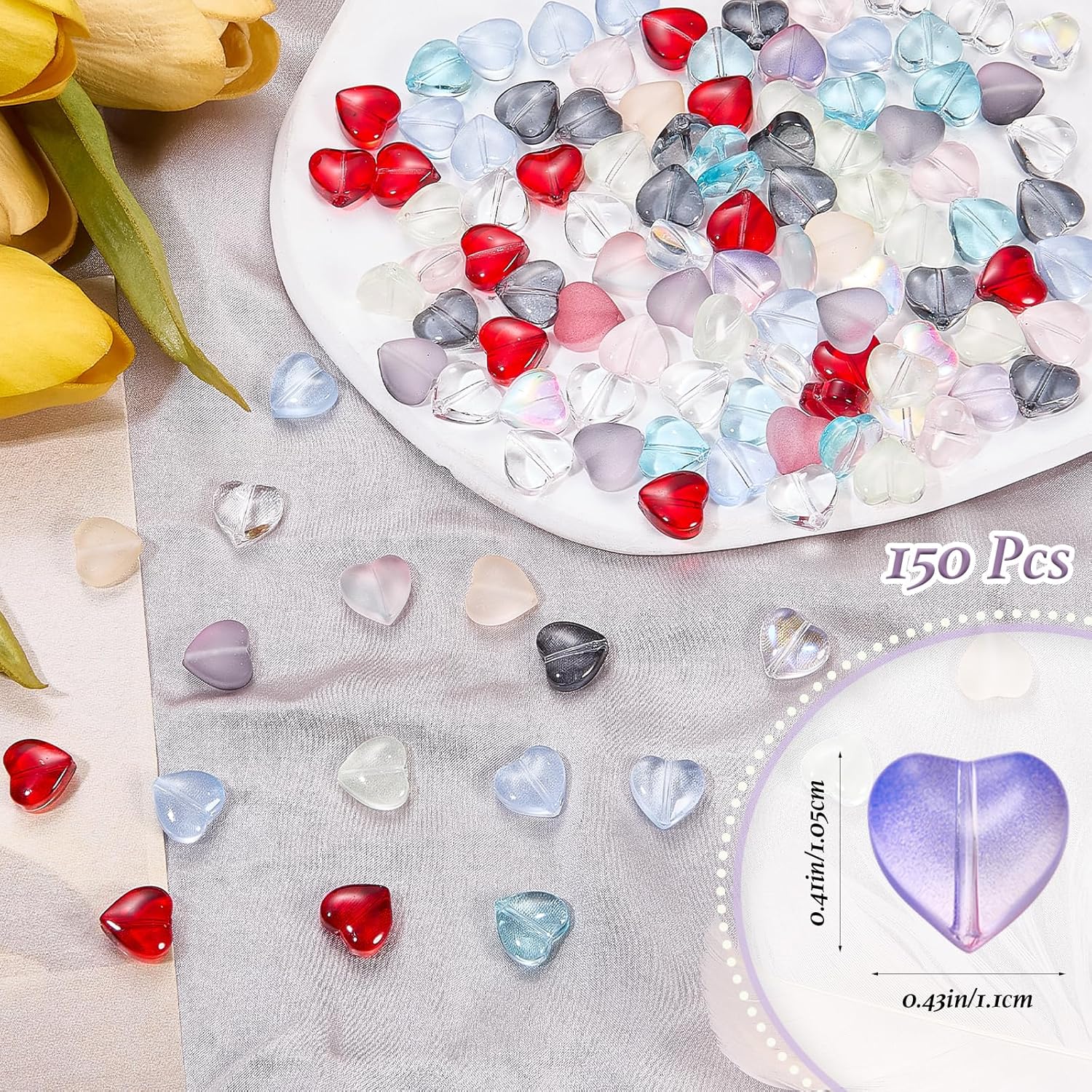 Ornaland 150 Pcs Glass Heart Beads for Jewelry Making Frosted Glass Spacer Beads for Bracelets Necklace Ornaments DIY Craft - Image 2