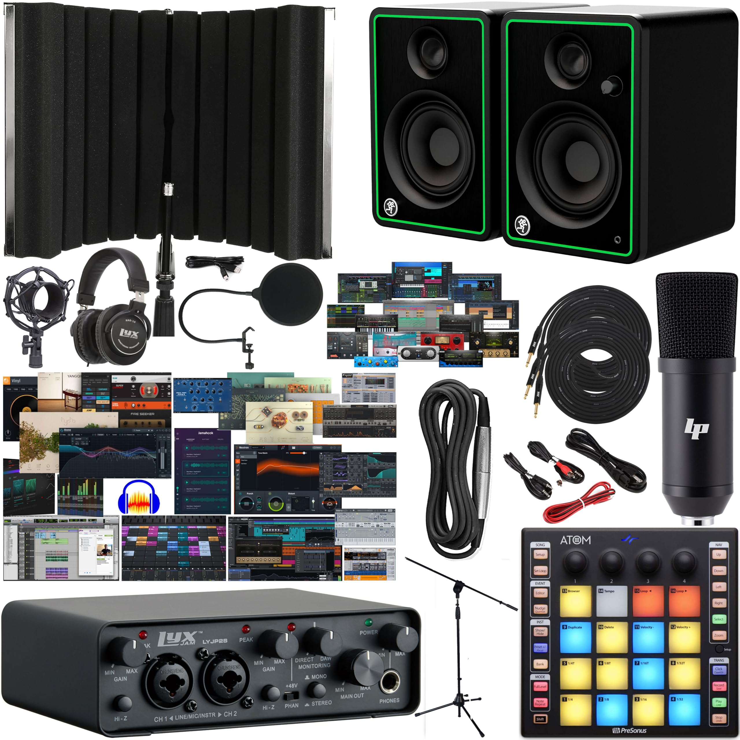 LyxPro 2x2 USB Audio Interface with Asio Driver and NEW Creative Software Bundle with Software Kit, CR4-X Multimedia Monitors, ATOM MIDI Pad Controller, Microphone Kit & Isolation Recording Shield