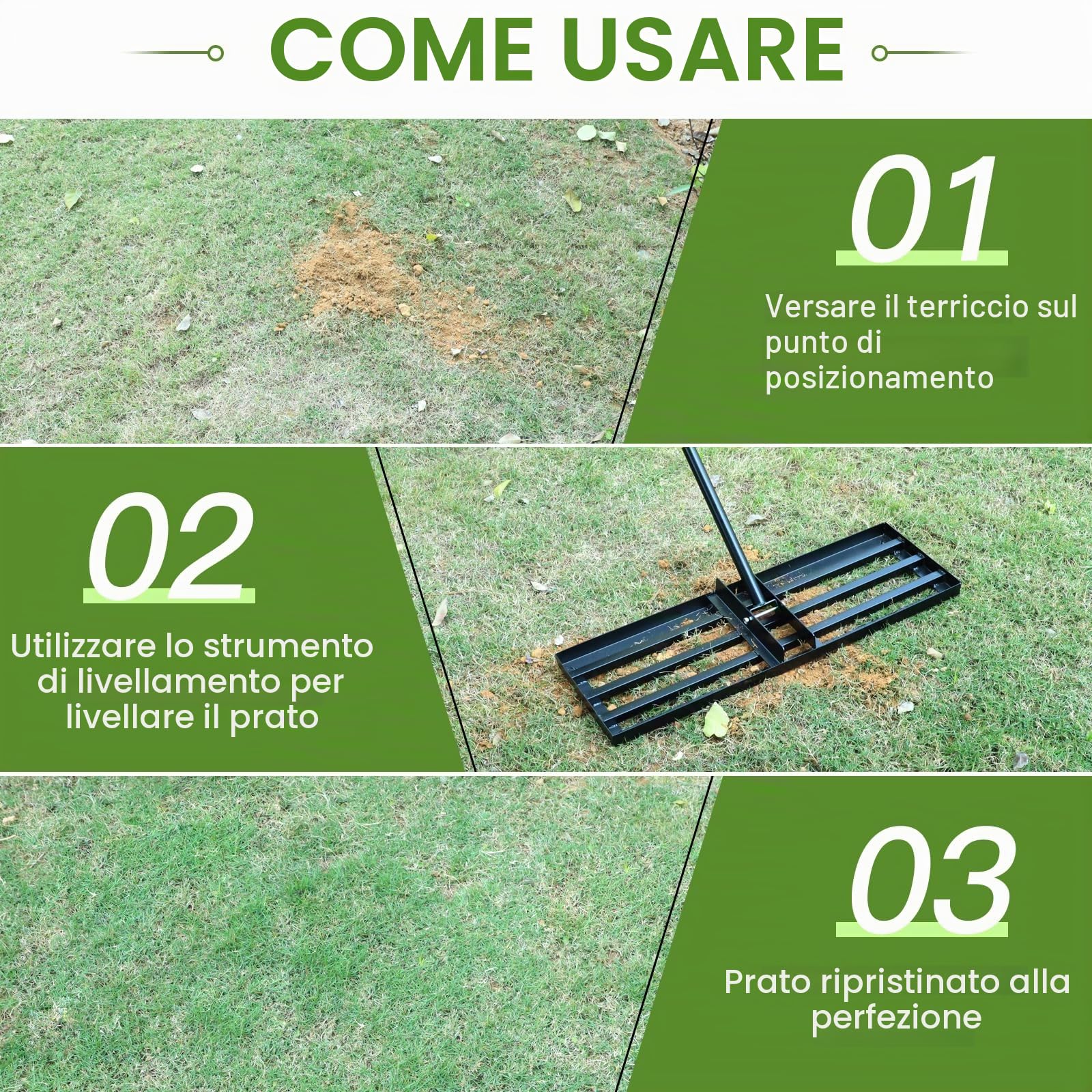DBREAKS Rastrello Livellatore per Prato, 75 x 26 x 182 cm, Livellatore Prato in Acciaio inox, Rastrello per livellamento del Prato con Barra Regolabile e Manico in Antiscivolo, per Patii, Giardini