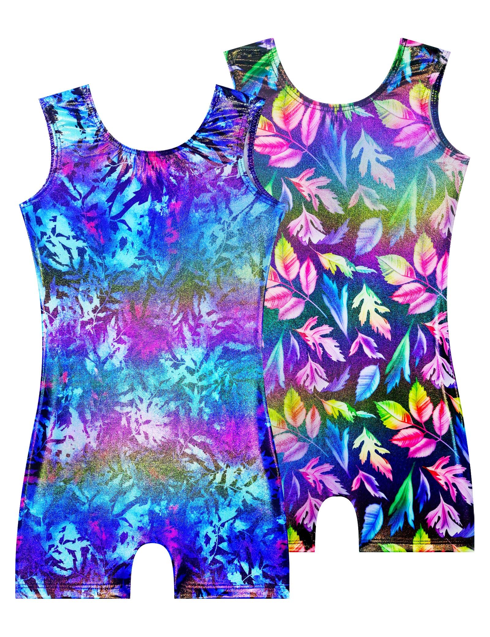 Snowheart Gymnastics Leotards for Girls - 2 Pack of Sparkly One-Piece Pro Kids Unitard Biketards with Shorts for Ages 2-9