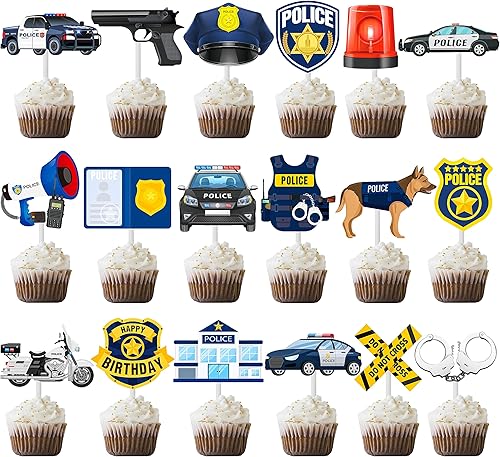 Miniatura 2 de Decoración para cupcakes de policía, 36 piezas de fiesta de policía, decoración de fiesta de cumpleaños de policía, decoración de pasteles temáticos