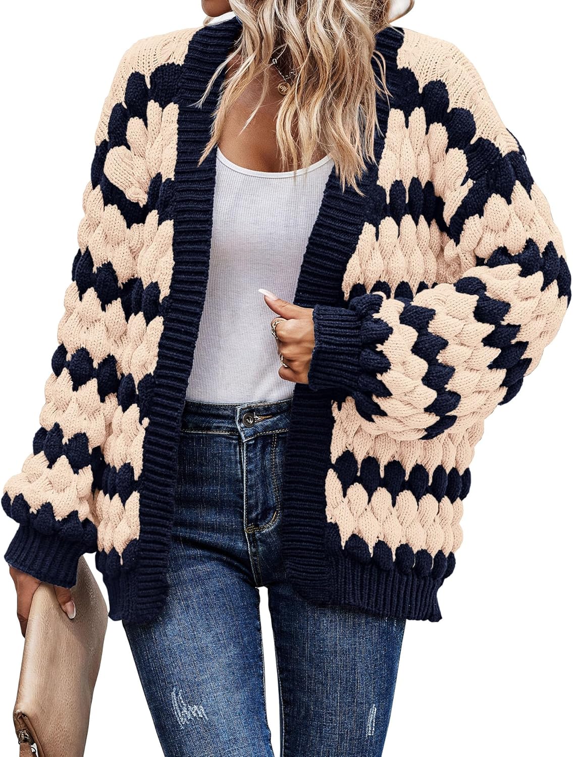 KIRUNDO Womens Cardigan Chunky Fall Fashion Lantern Sleeve Open Front Striped Color Block Cable Knit Winter Sweater Coats