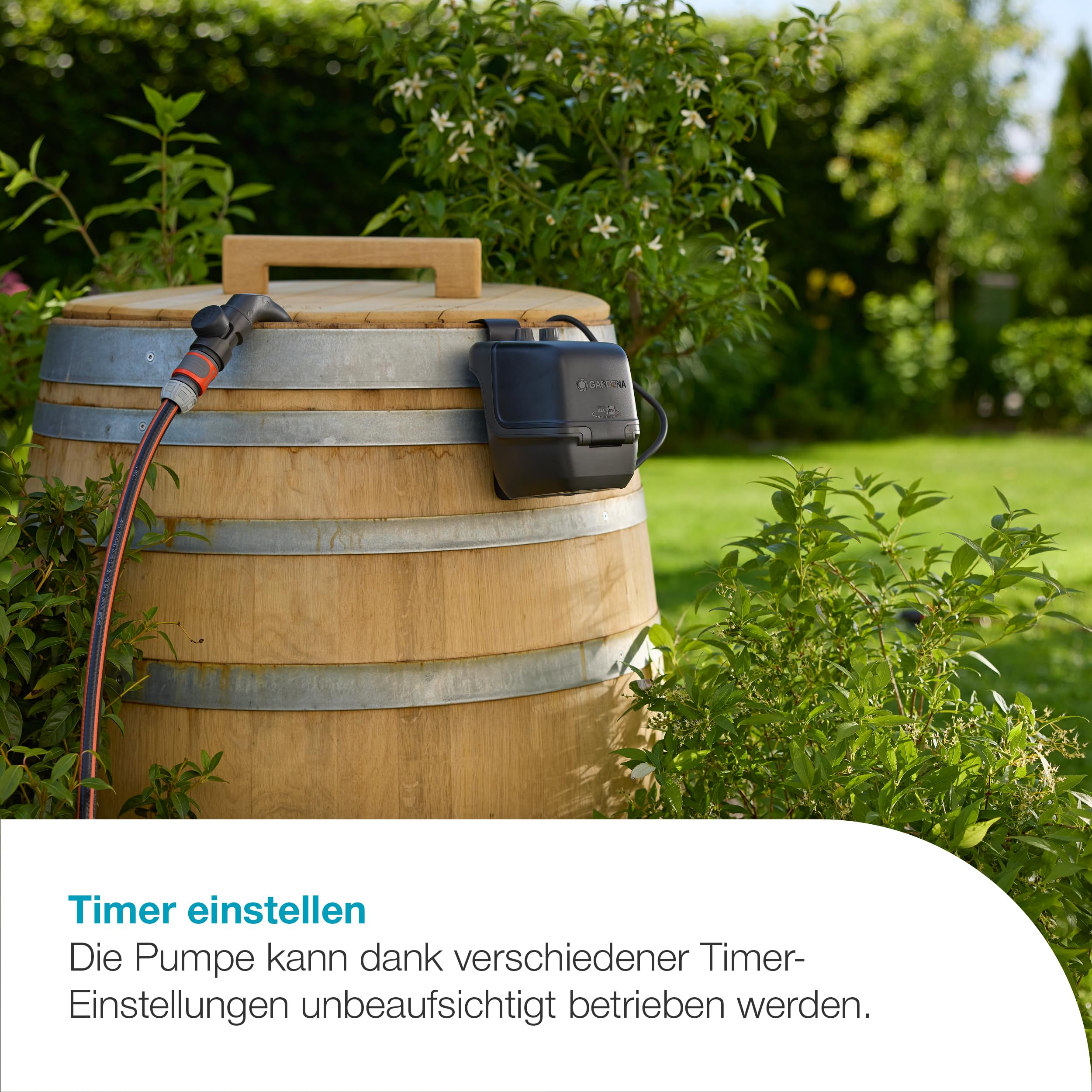Gardena Akku-Regenfasspumpe 2600 Comfort 18V P4A Ready-To-Use Set: Bewässerungsintervalle, Leistungseinstellung, Passt zum Wasserbehälter, Konstanter Druck, Kabellos (14604-20)