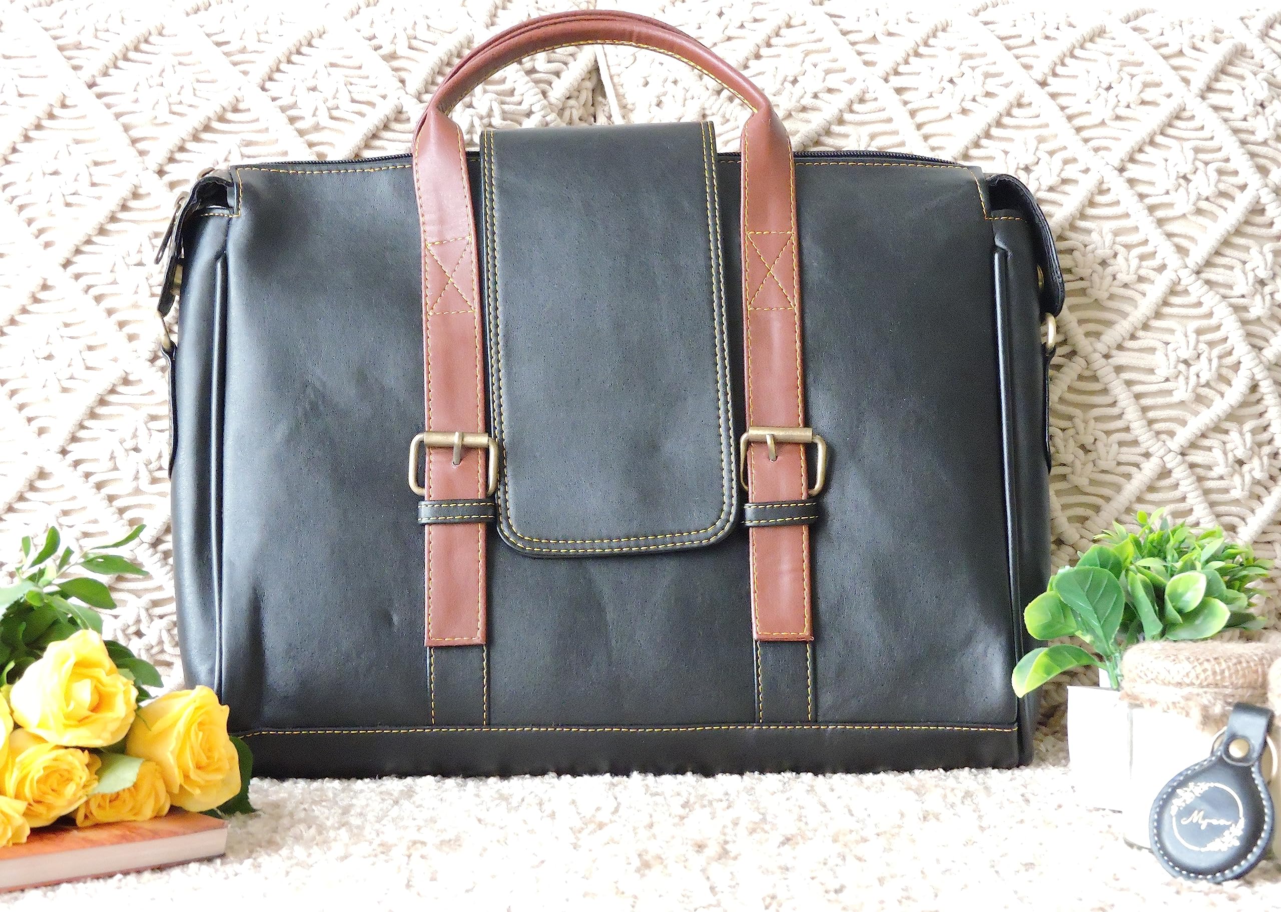 Mysa Black Vegan Leather Slim Vintage Messenger Crossbody Satchel Shoulder Briefcase Sleeve Bags with Adjustable Strap for Office Work Travel Fits 14