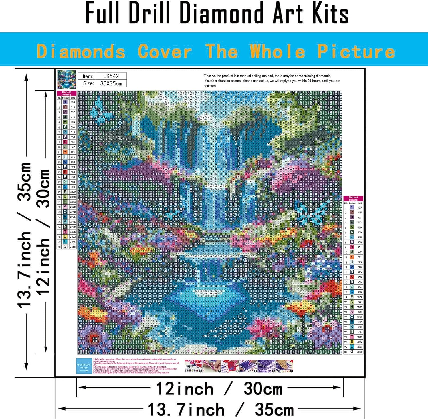 Diagram showing the dimensions of the diamond painting canvas, 13.7 x 13.7 inches, and indicating it is a full drill kit.