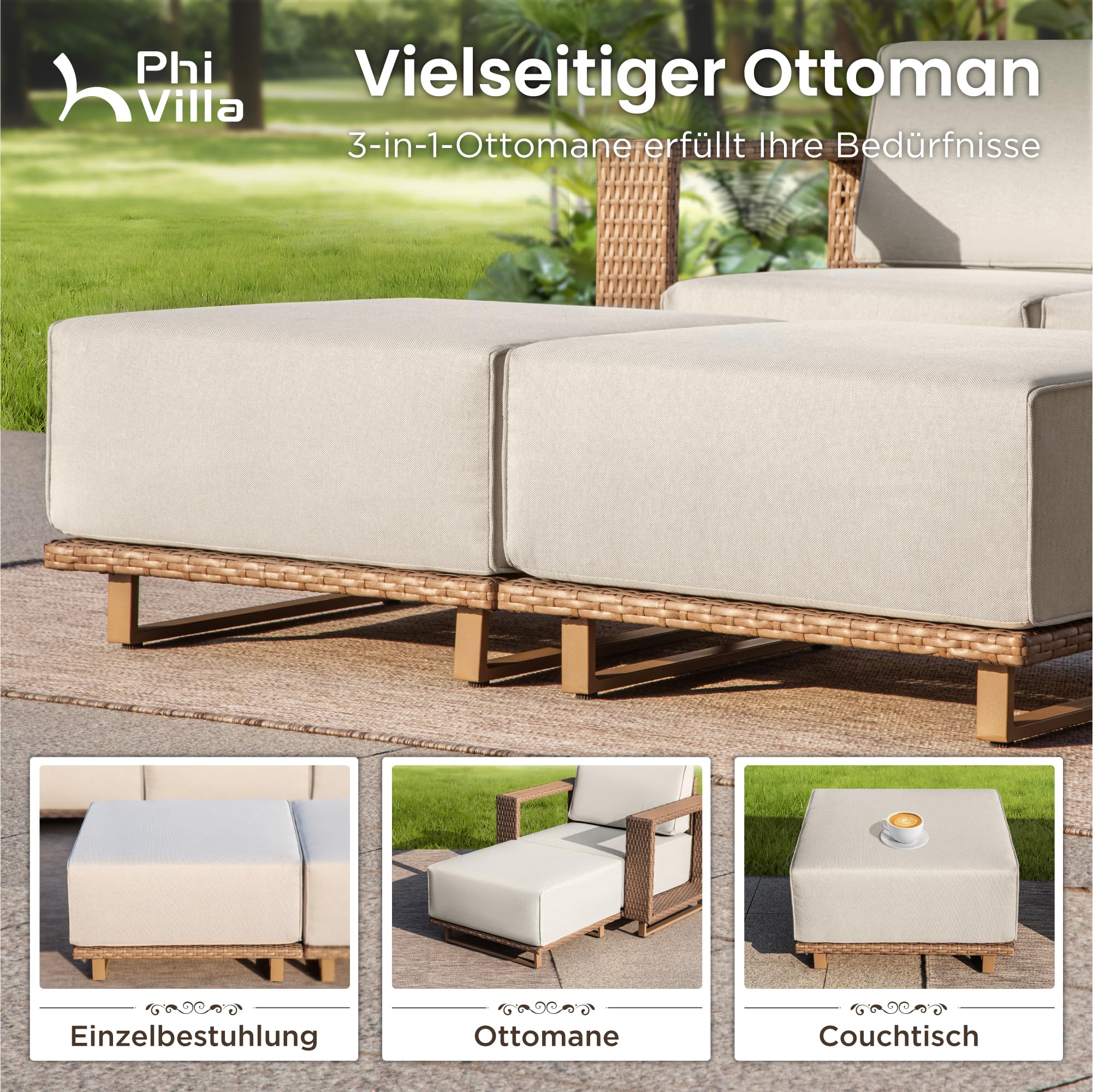 PHI VILLA Rattan Gartenmöbel Set Balkonmöbel für 4, Lounge Möbel Outdoor Sofa Sets für Garten und Terrasse, Allwetter Gartensofa Terassenmöbel Außen mit Dicken Weißen Kissen und Couchtisch
