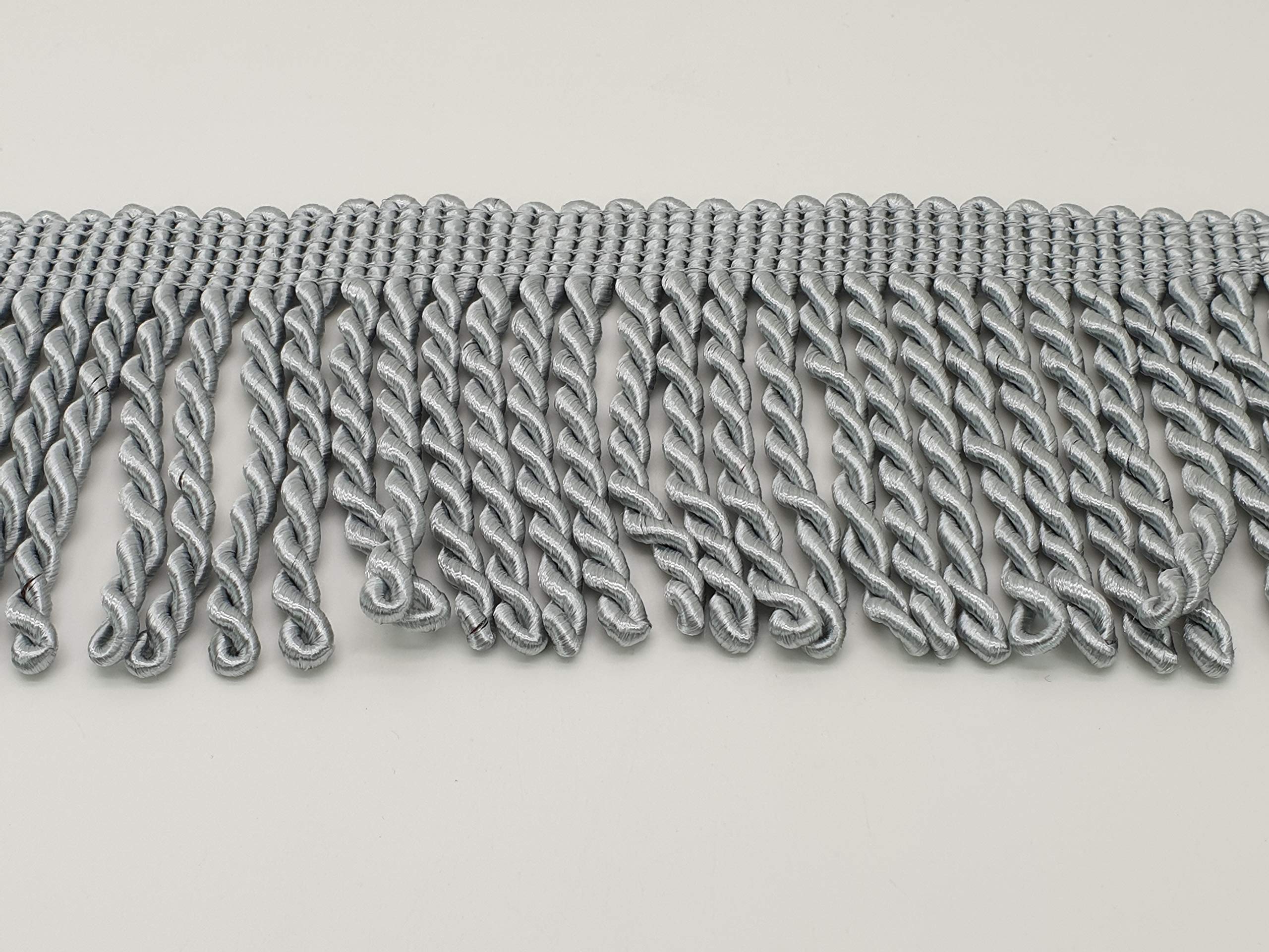 MNJ-TRIMMINGS 2 Metres Thick Bullion Fringing, 10cm Wide Fringe Tassel Trim (Silver)