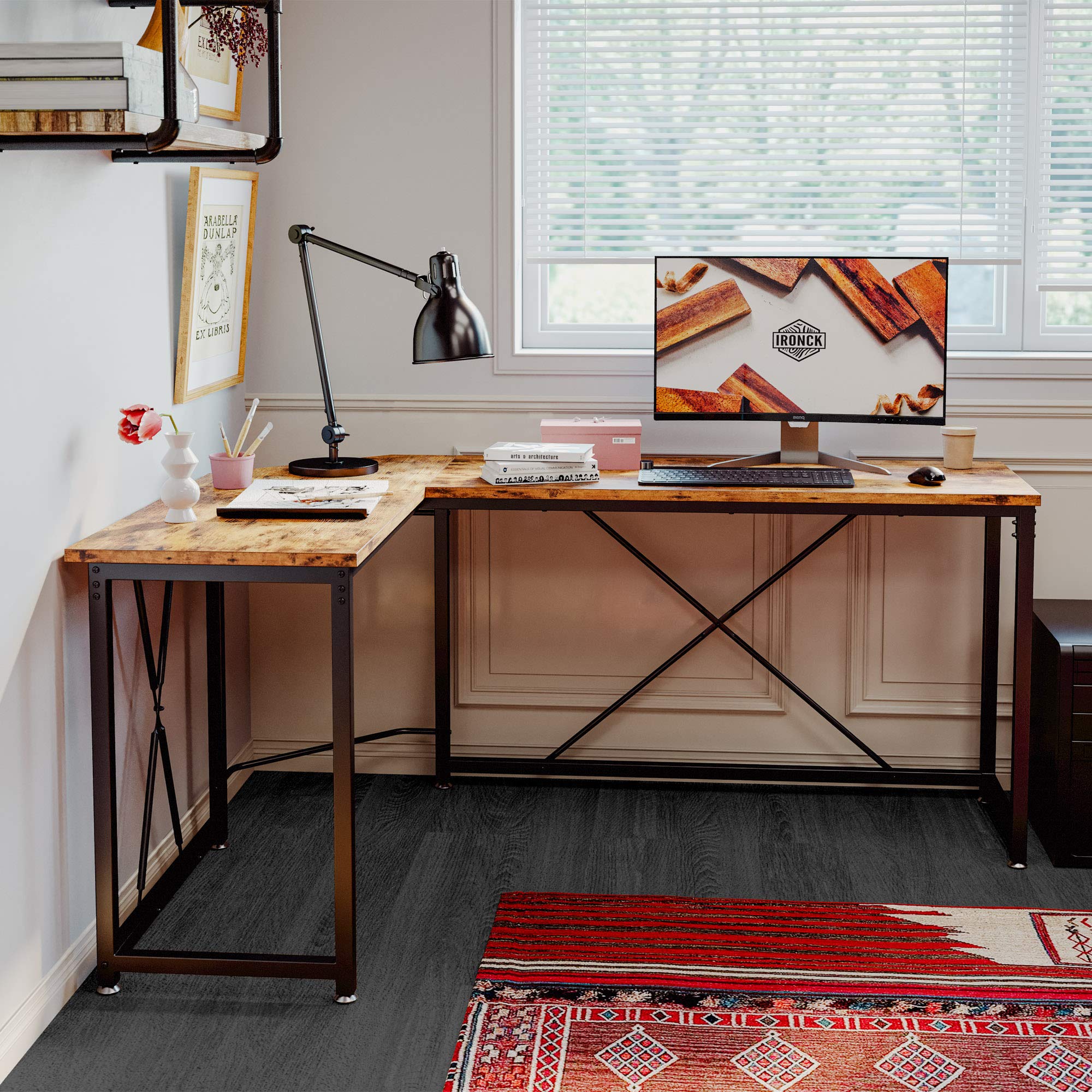 IRONCK LShaped Computer Corner Desk, Industrial LShaped Writing Workstation, Gaming Desk for