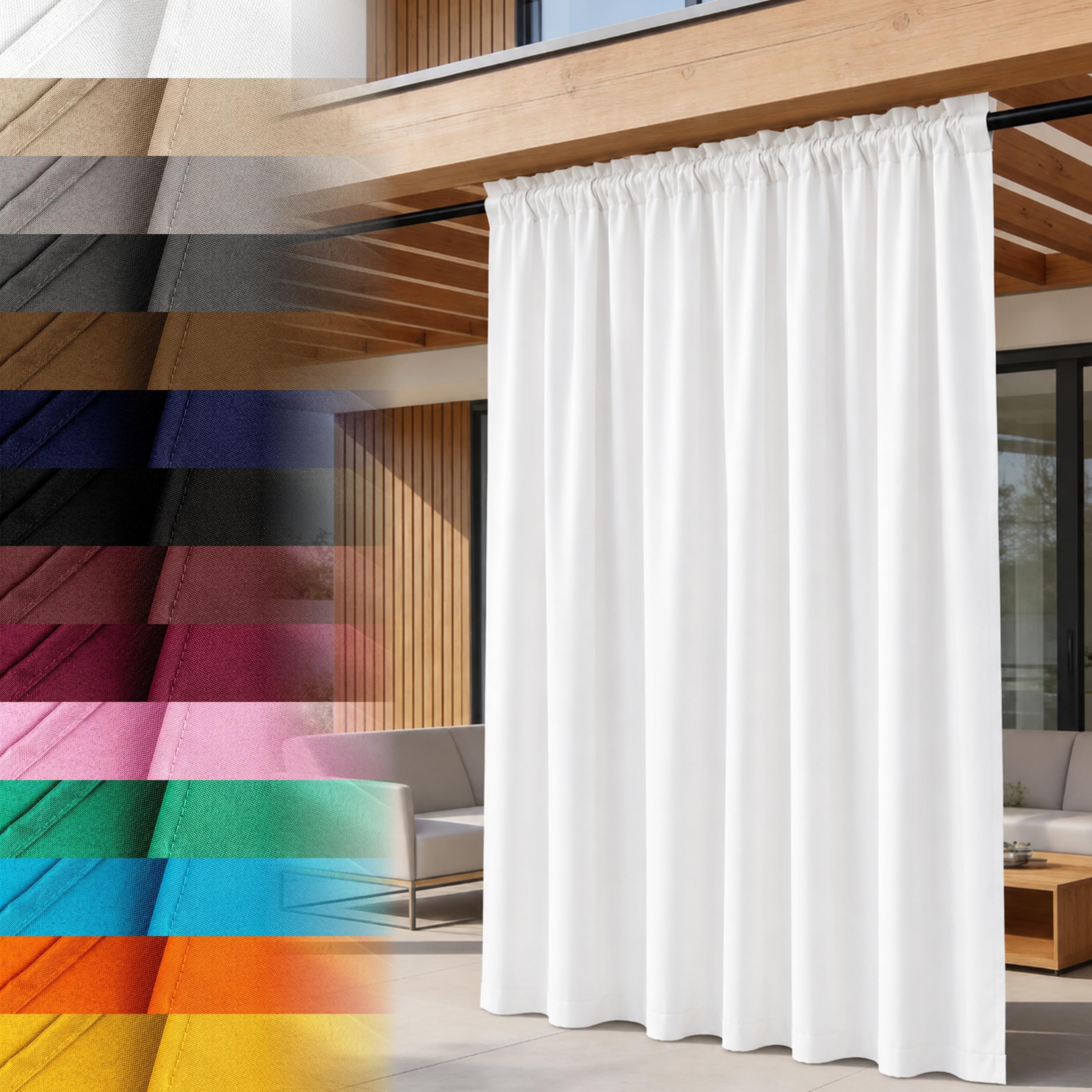 Outdoor Vorhang Weiß 155x180 cm wasserdicht Kräuselband | Polyester Oxford 500D wasserdicht · kompakte Höhe für Geländer & Balkon · Pergola, Pavillon, Carport · 14 Farben