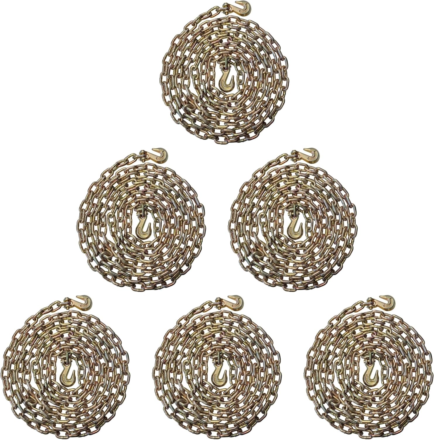 Mega Cargo Control 5/16" G70 Transport Set - Chains | 20 FT - Grade 70 Binder Chains with Grab Hooks | Tow and Hauling on Flatbed, Trailers, Truck (6 - Pack)